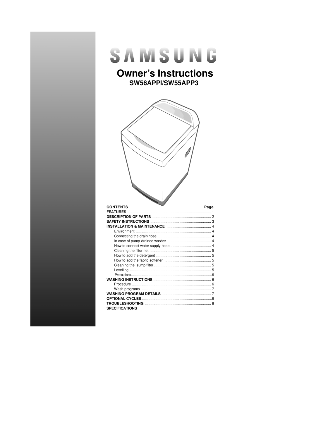 Samsung SW56APPI, SW65ASP2, SW55APP3 specifications Owner’s Instructions 