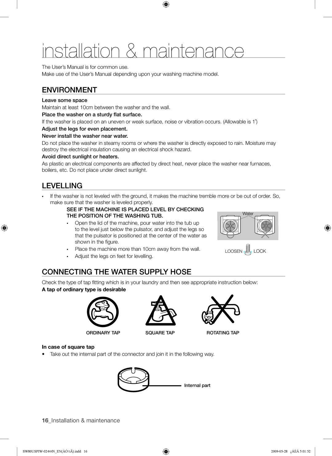 Samsung SW65USP, SW80USP user manual Installation & maintenance, Environment, Levelling, Connecting the Water Supply Hose 