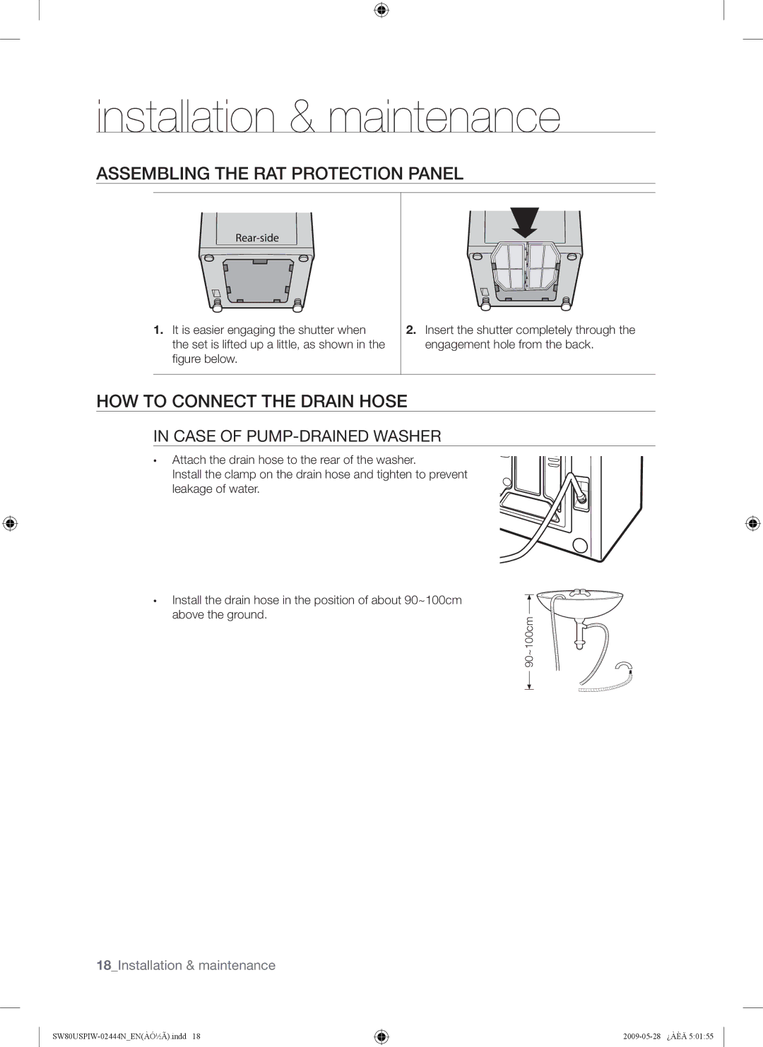 Samsung SW65USP, SW80USP Assembling the RAT Protection Panel, HOW to Connect the Drain Hose, Case of PUMP-DRAINED Washer 