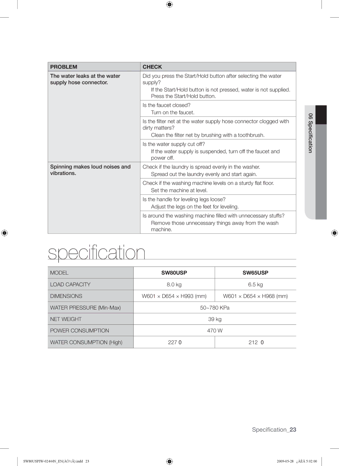 Samsung user manual Specification, SW80USP SW65USP 