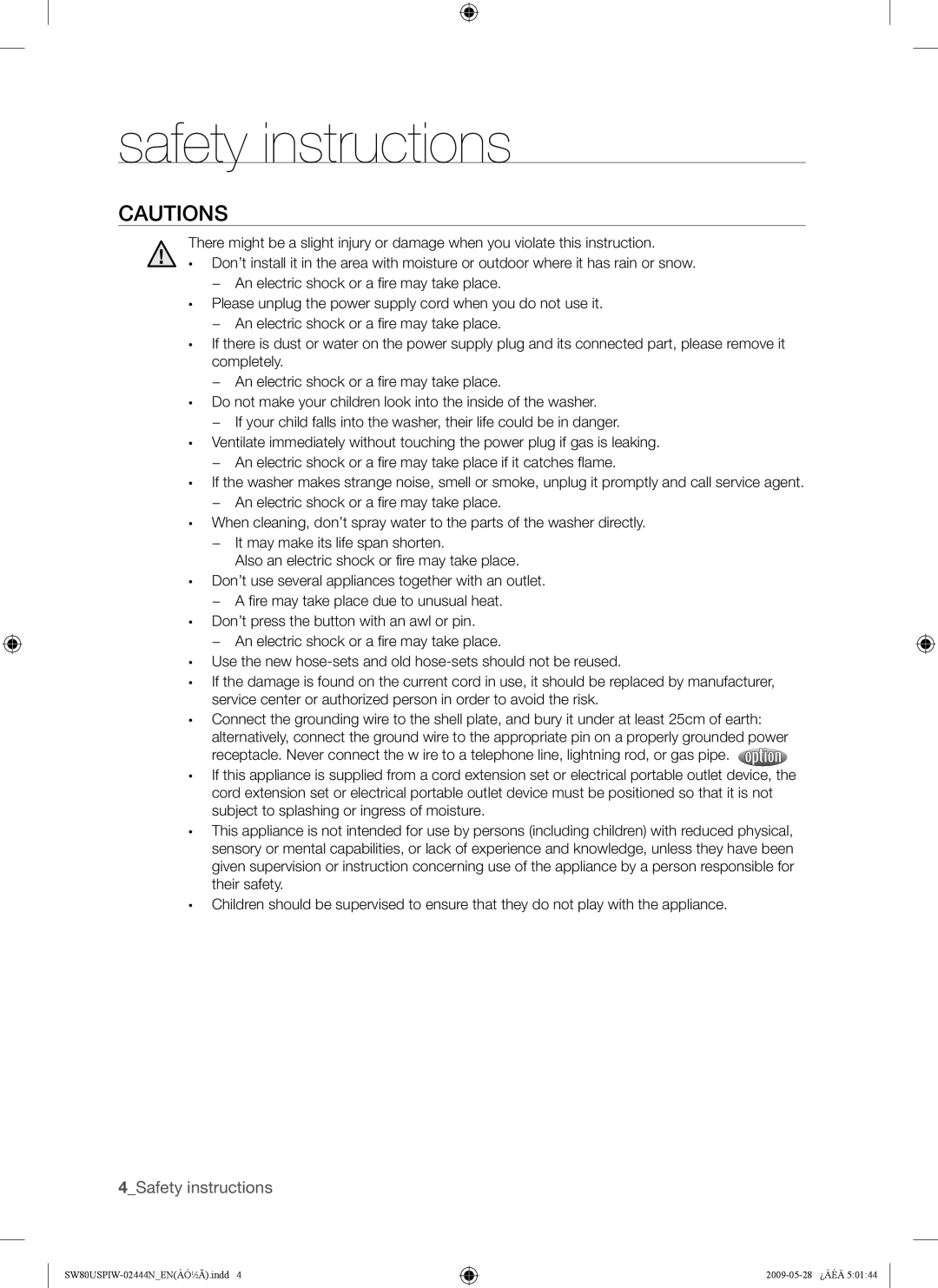 Samsung SW65USP, SW80USP user manual 4Safety instructions 