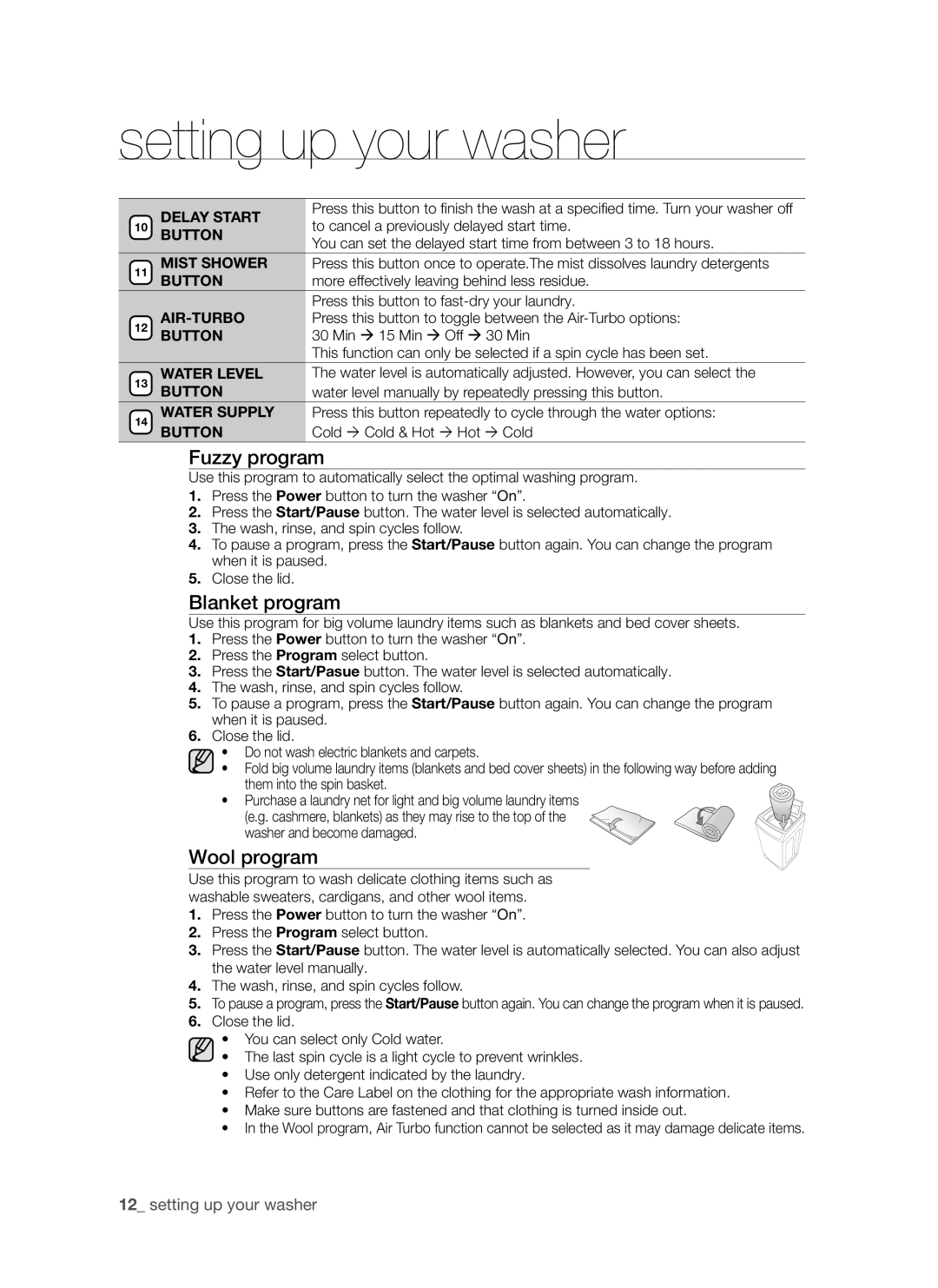 Samsung SW65V9W, SW75V9W user manual Fuzzy program, Blanket program, Wool program 