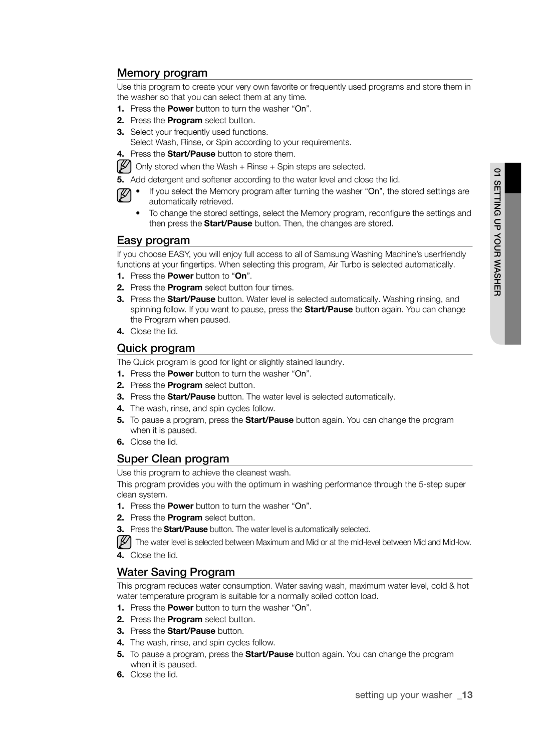 Samsung SW75V9W, SW65V9W user manual Memory program, Easy program, Quick program, Super Clean program, Water Saving Program 