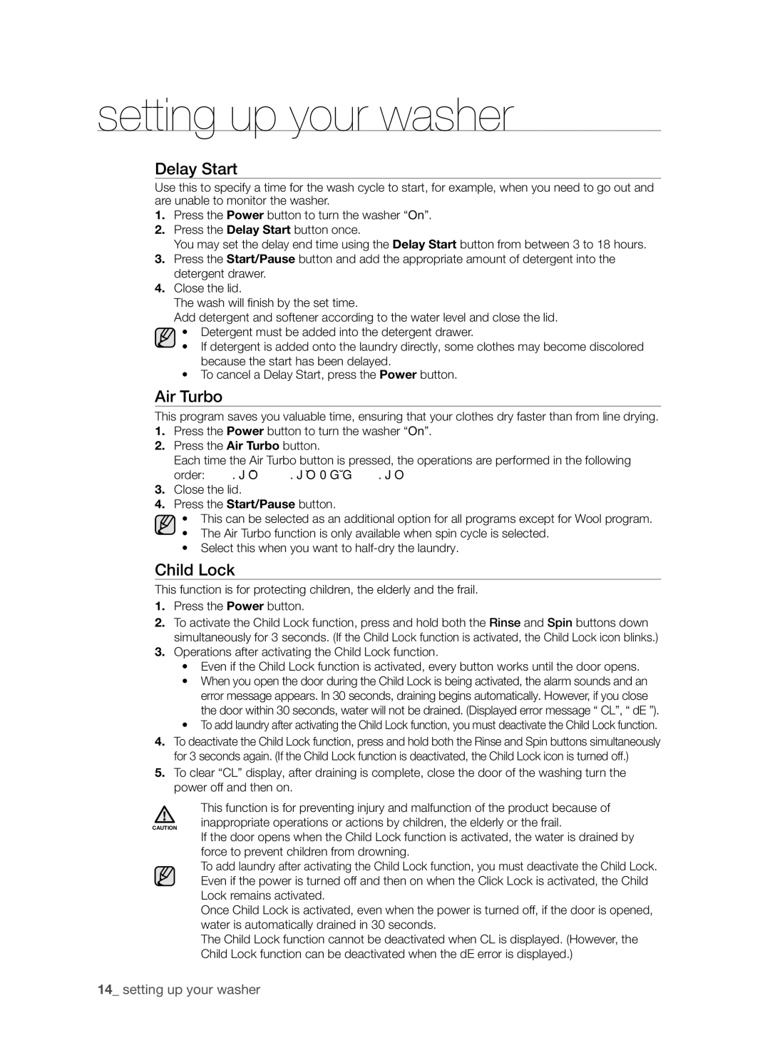 Samsung SW65V9W, SW75V9W user manual Delay Start, Air Turbo, Child Lock 