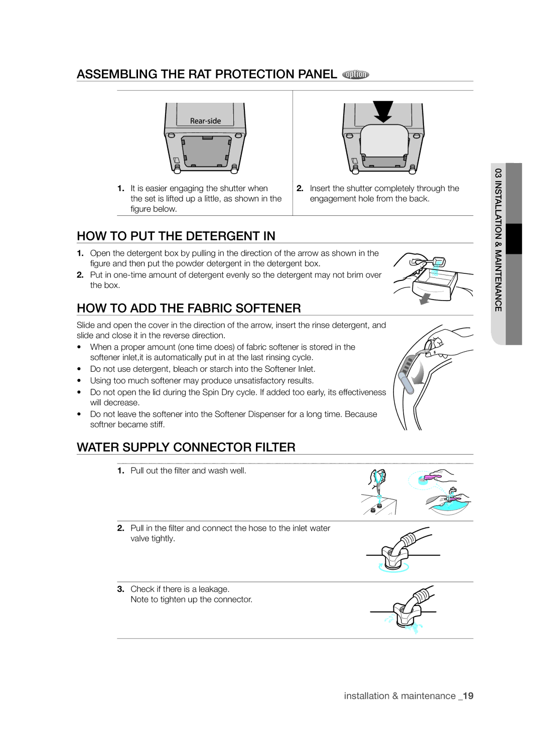 Samsung SW75V9W, SW65V9W Assembling the RAT Protection Panel, HOW to PUT the Detergent, HOW to ADD the Fabric Softener 