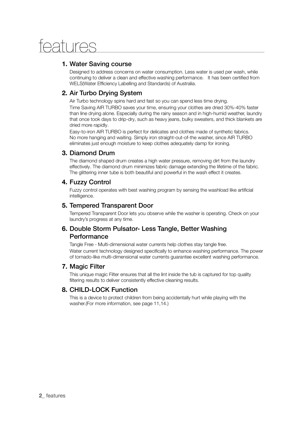 Samsung SW65V9W, SW75V9W user manual Features 