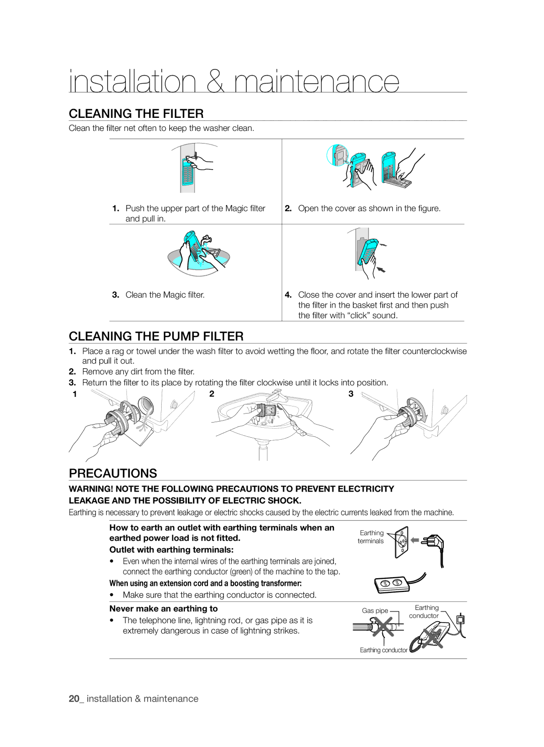 Samsung SW65V9W, SW75V9W user manual Cleaning the Filter, Cleaning the Pump Filter, Precautions 