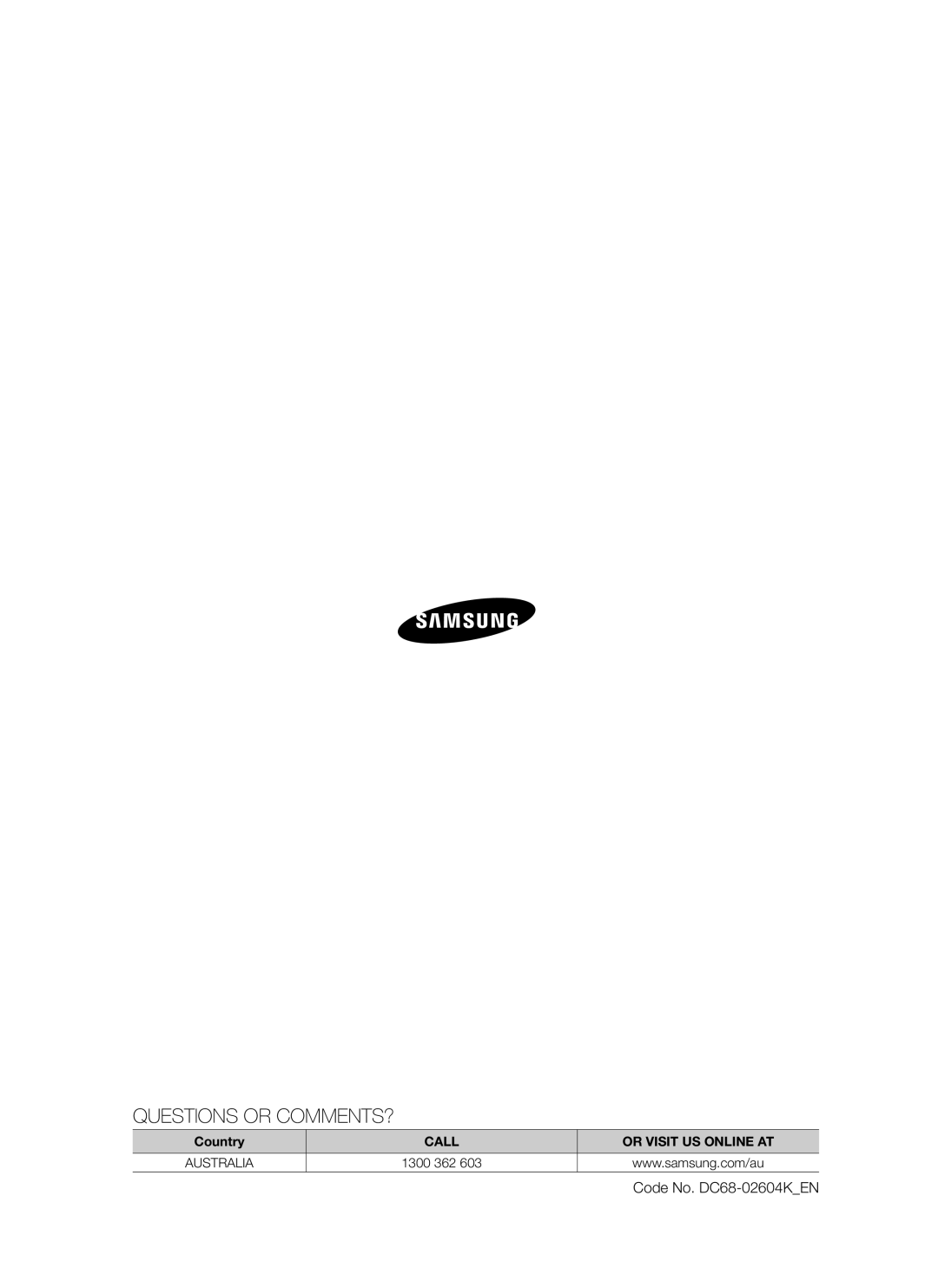 Samsung SW65V9W, SW75V9W user manual Questions Or Comments?, Country, Call, Or Visit Us Online At, 1300 362, Australia 