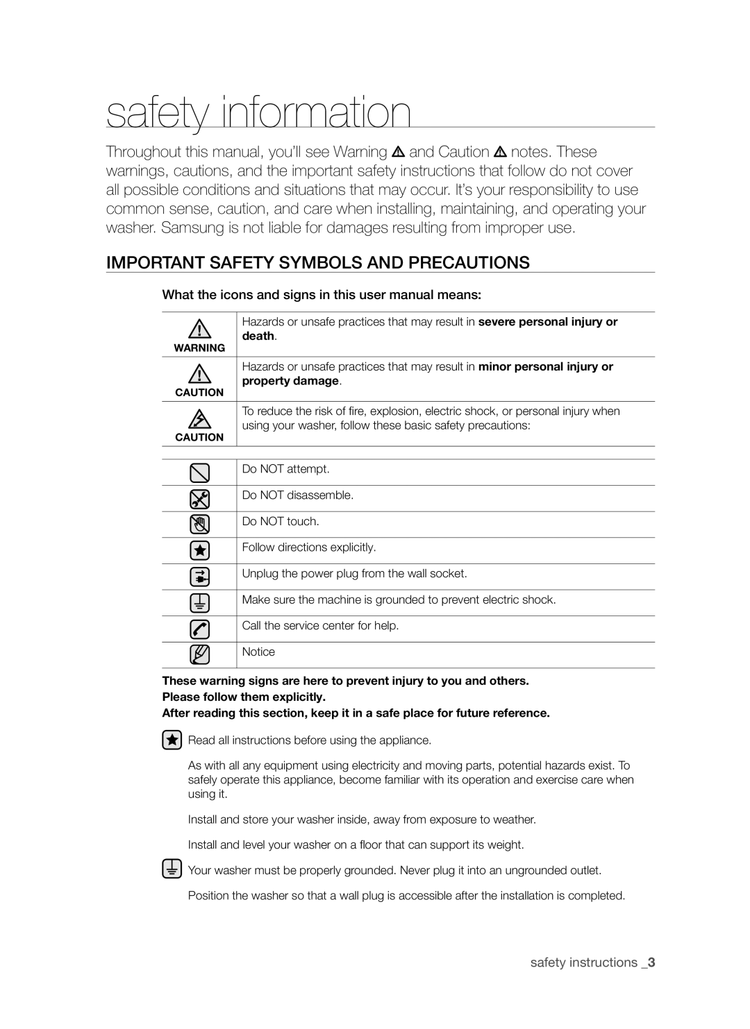 Samsung SW75V9W, SW65V9W user manual safety instructions 