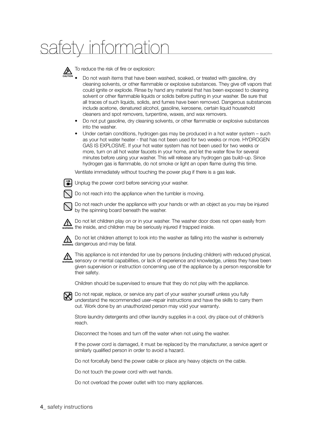 Samsung SW65V9W, SW75V9W user manual safety information, safety instructions 