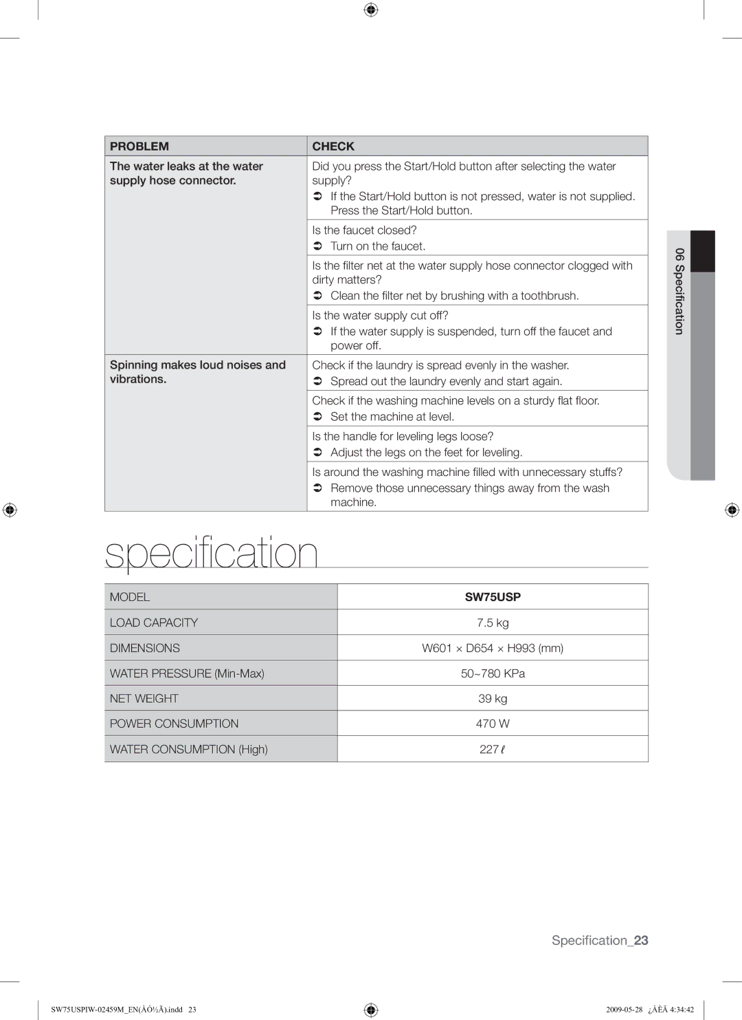 Samsung SW75USP user manual Specification 