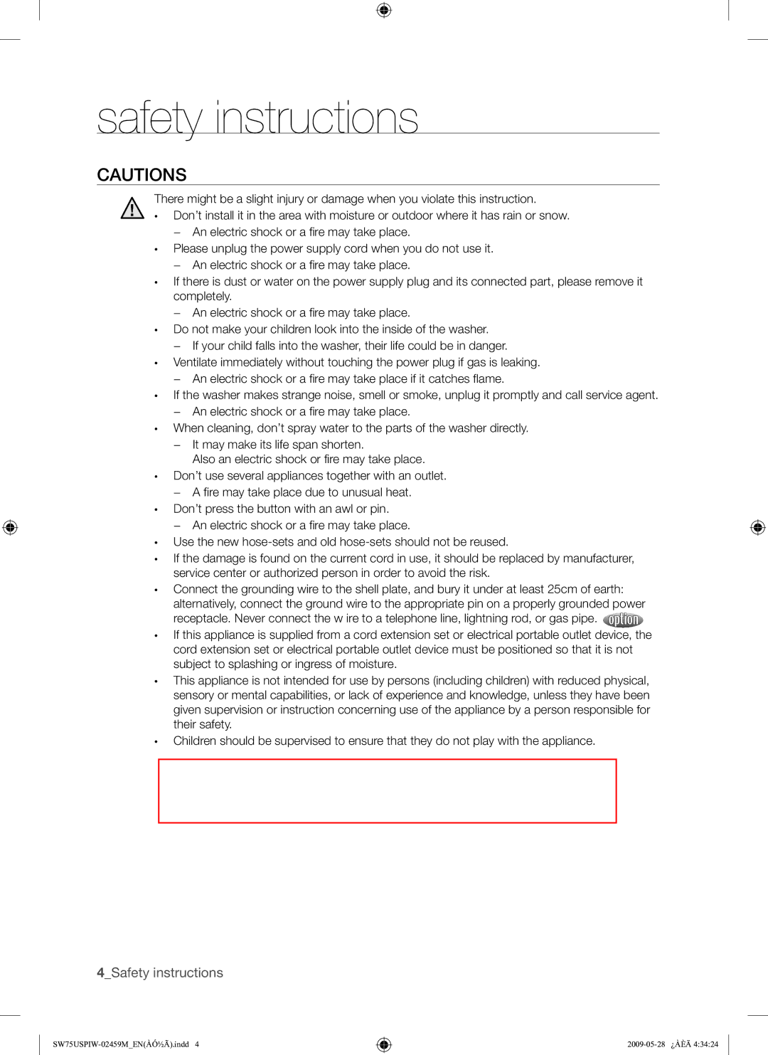 Samsung SW75USP user manual 4Safety instructions 