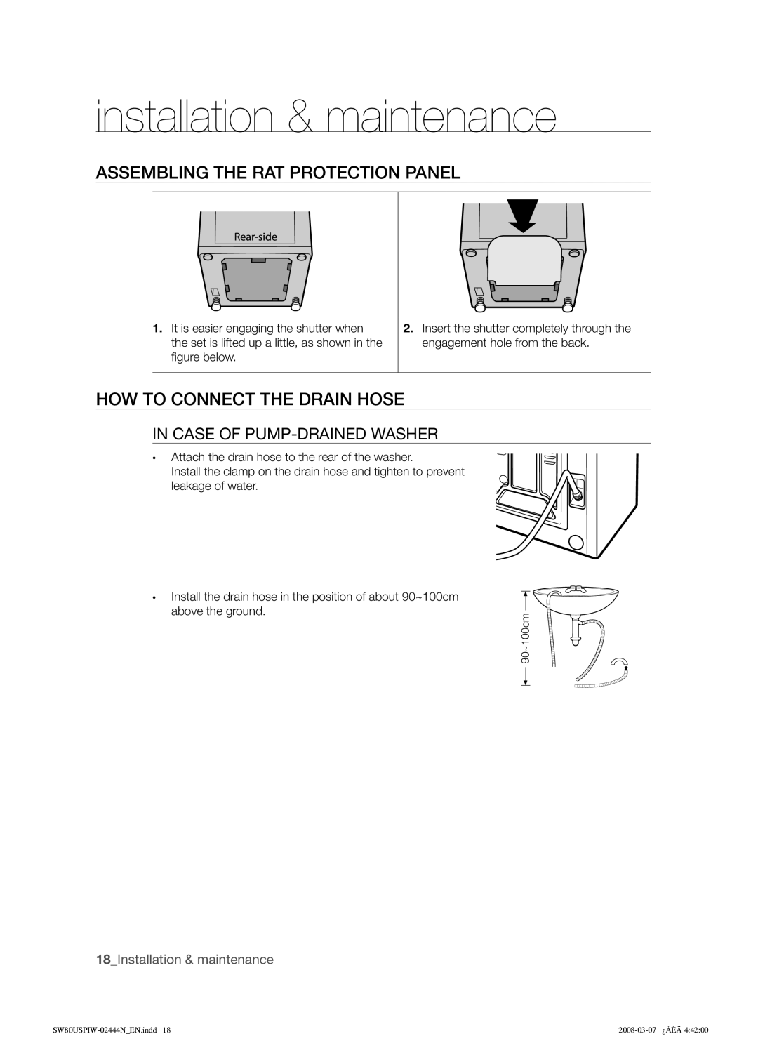 Samsung SW75USPIW/XSA Assembling the RAT Protection Panel, HOW to Connect the Drain Hose, Case of PUMP-DRAINED Washer 