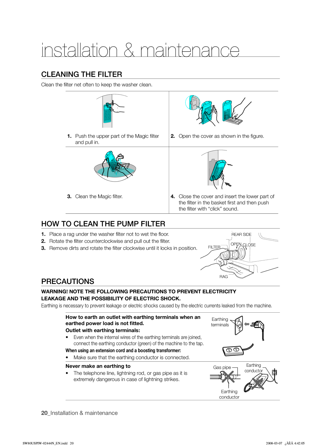 Samsung SW75USPIW/XSA manual Cleaning the Filter, HOW to Clean the Pump Filter, Precautions 