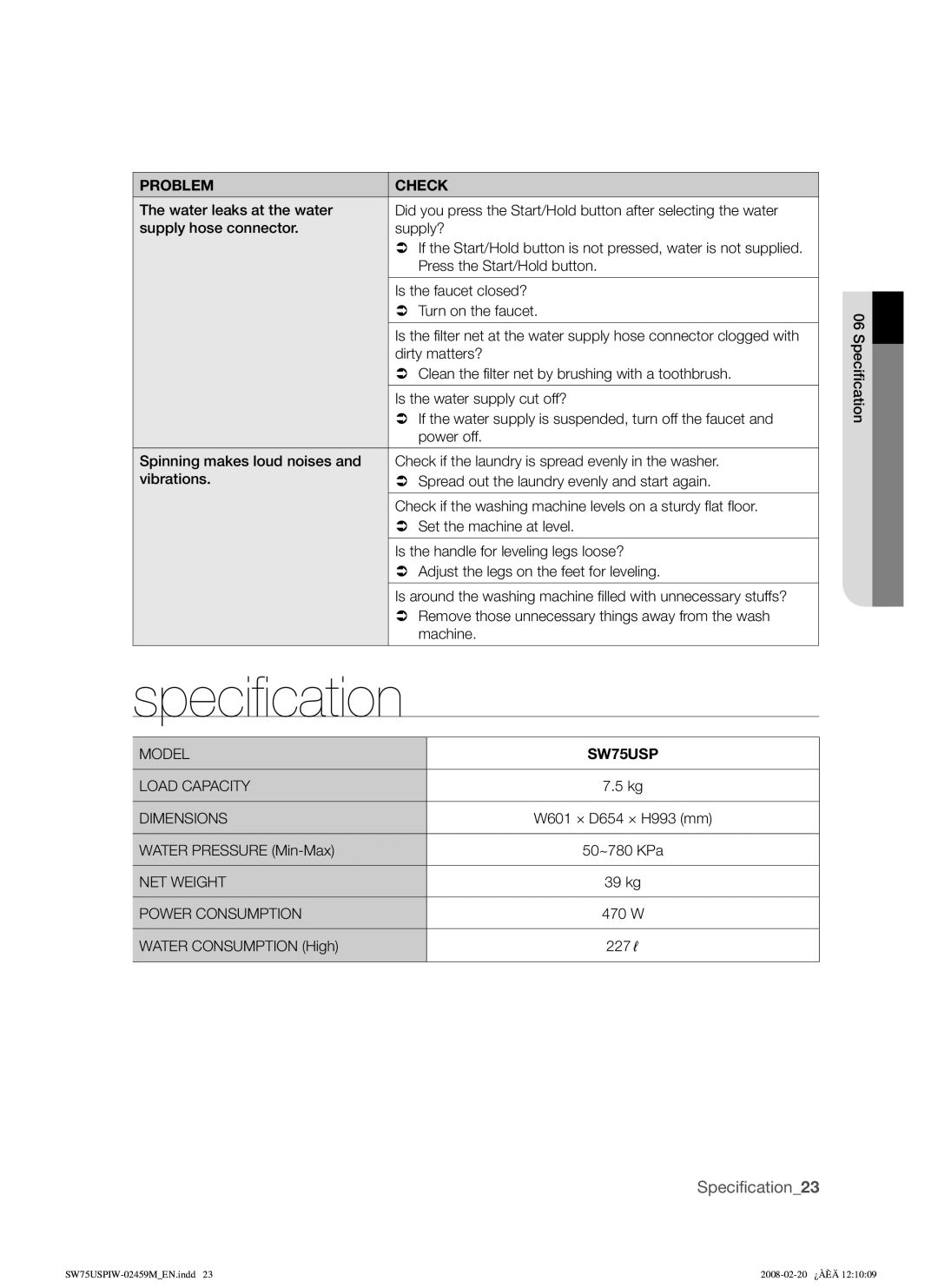 Samsung SW75USPIW/XSA manual Specification 