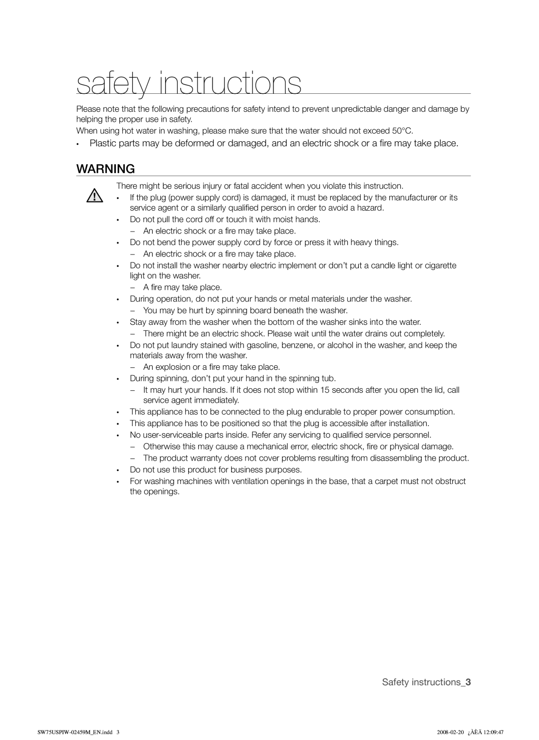 Samsung SW75USPIW/XSA manual Safety instructions 