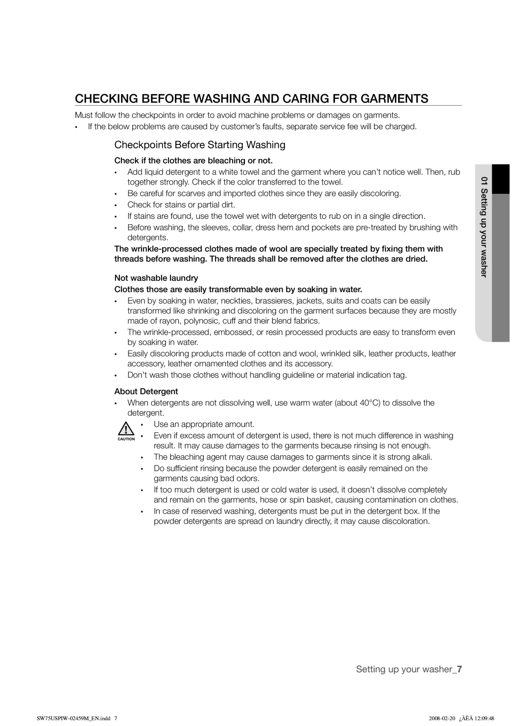 Samsung SW75USPIW/XSA manual Checking Before Washing and Caring for Garments, Checkpoints Before Starting Washing 