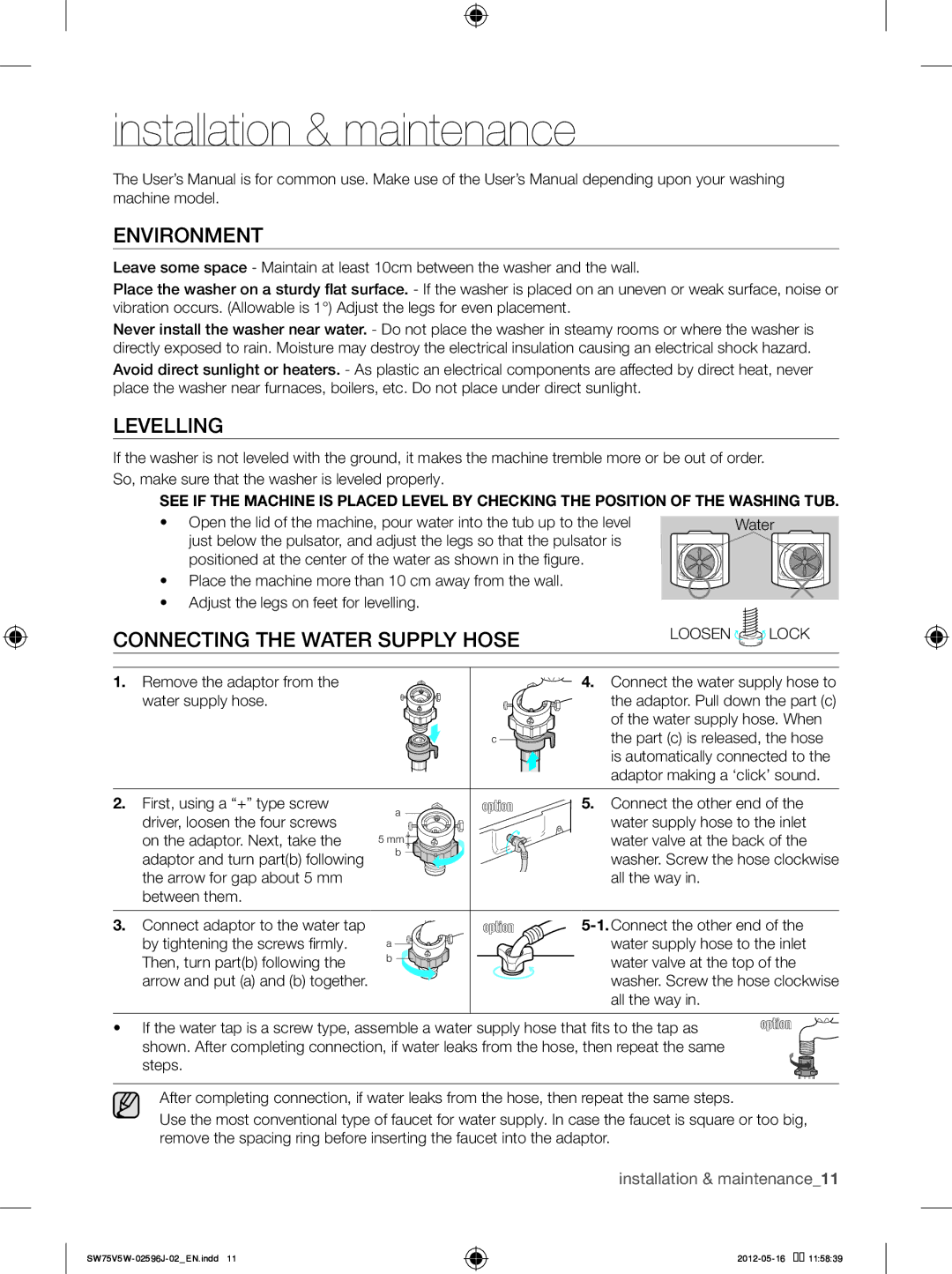 Samsung SW65V5WFP/YL, SW75V5WFP/YL Installation & maintenance, Environment, Levelling, Connecting the Water Supply Hose 