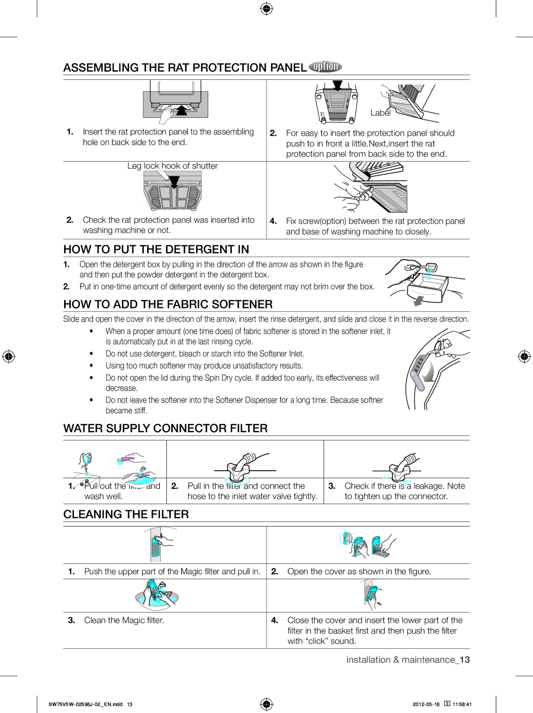 Samsung SW65V5WFP/YL manual Assembling the RAT Protection Panel, HOW to PUT the Detergent, HOW to ADD the Fabric Softener 