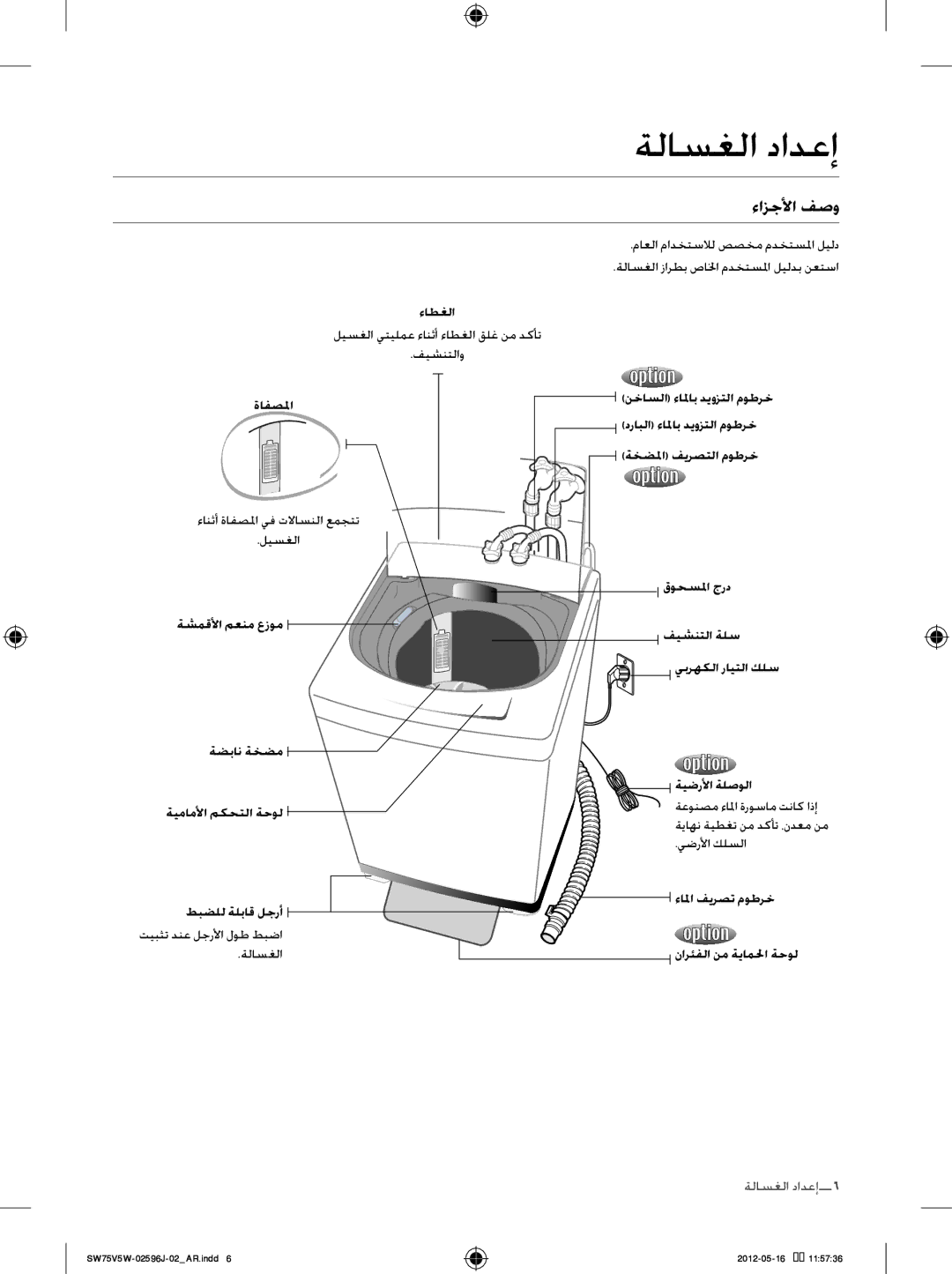 Samsung SW75V5WFP/YL, SW65V5WFP/YL manual ةلاسغلا دادعإ, ءازجلأا فصو 