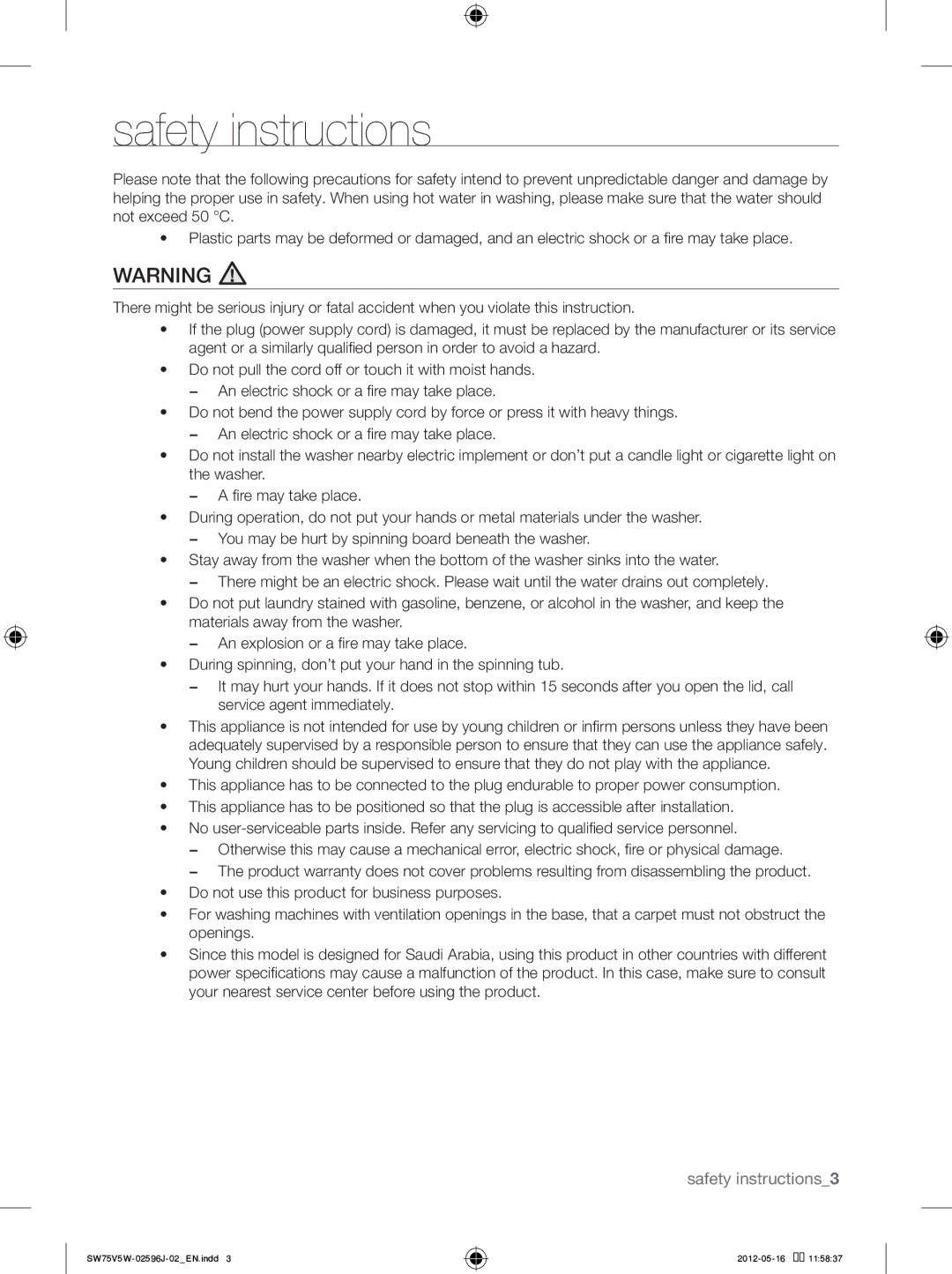 Samsung SW65V5WFP/YL, SW75V5WFP/YL manual Safety instructions 