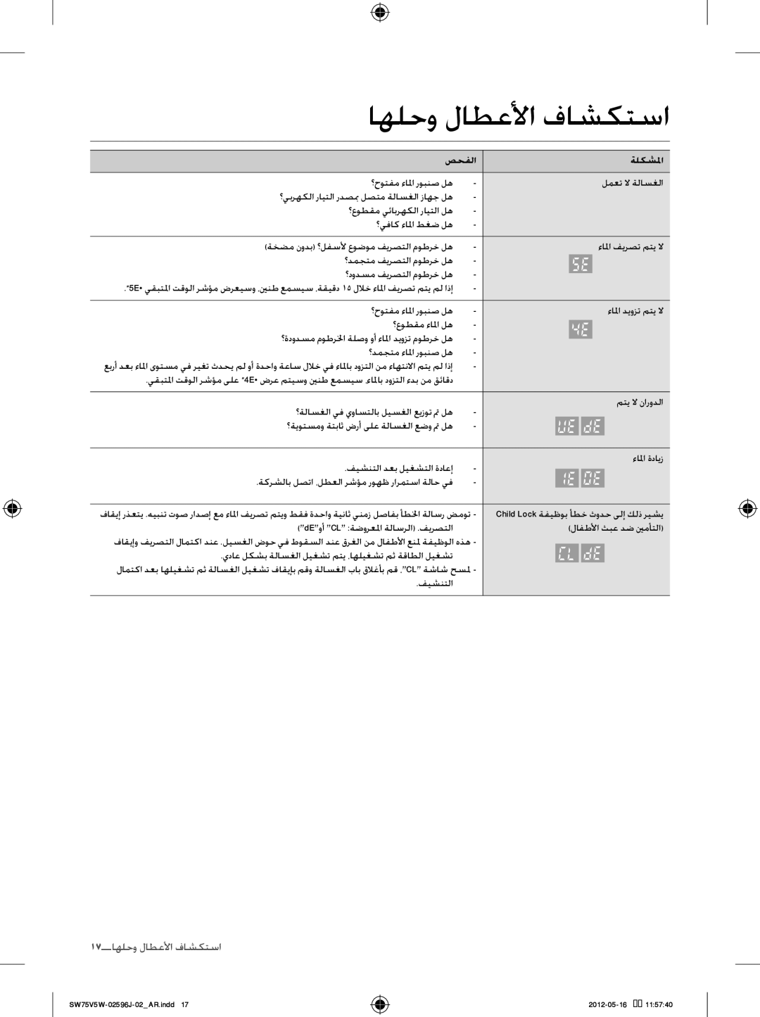 Samsung SW65V5WFP/YL, SW75V5WFP/YL manual اهلحو لاطعلأا فاشكتسا, صحفلا ةلكشلما 