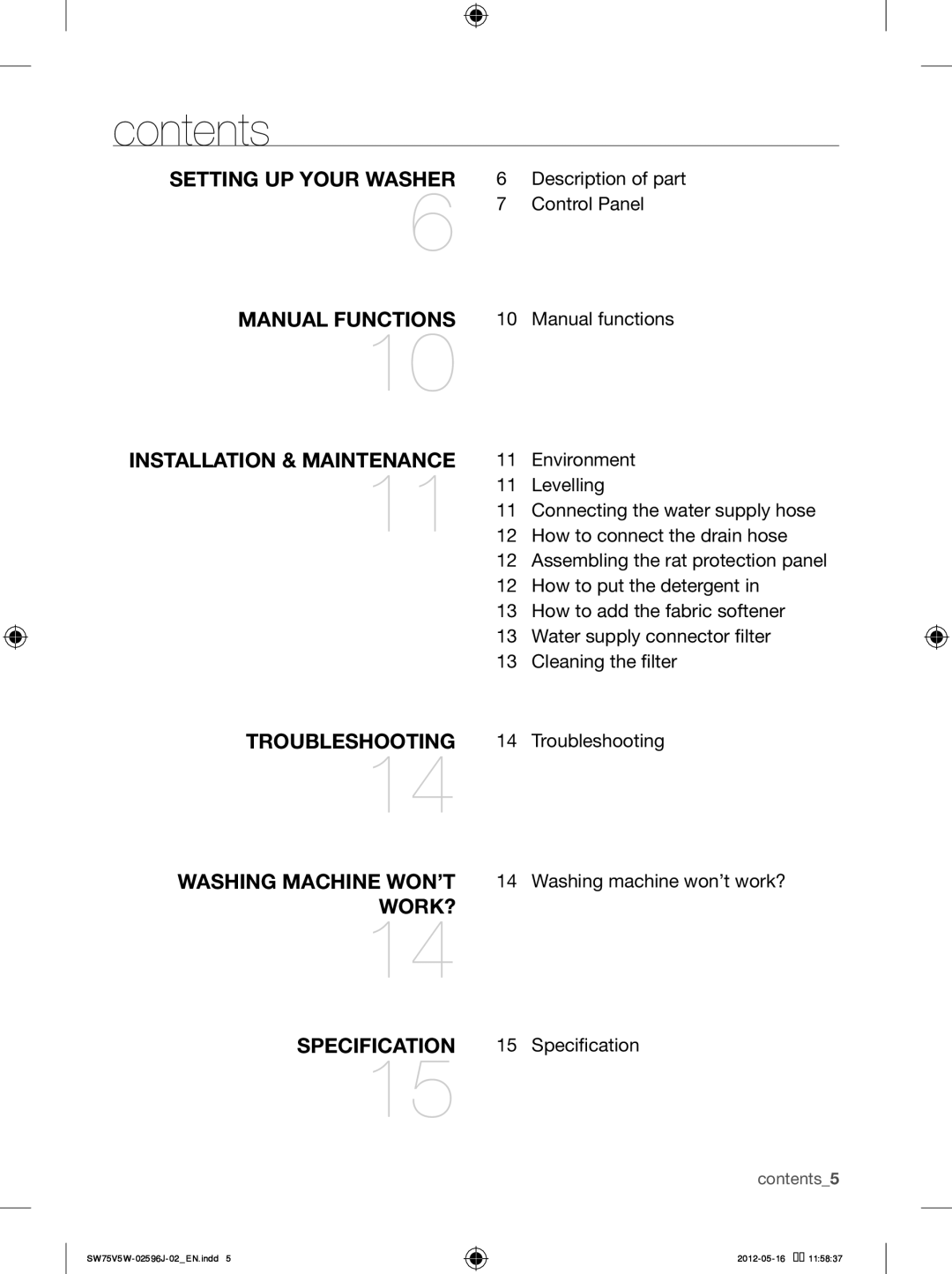 Samsung SW65V5WFP/YL, SW75V5WFP/YL manual Contents 