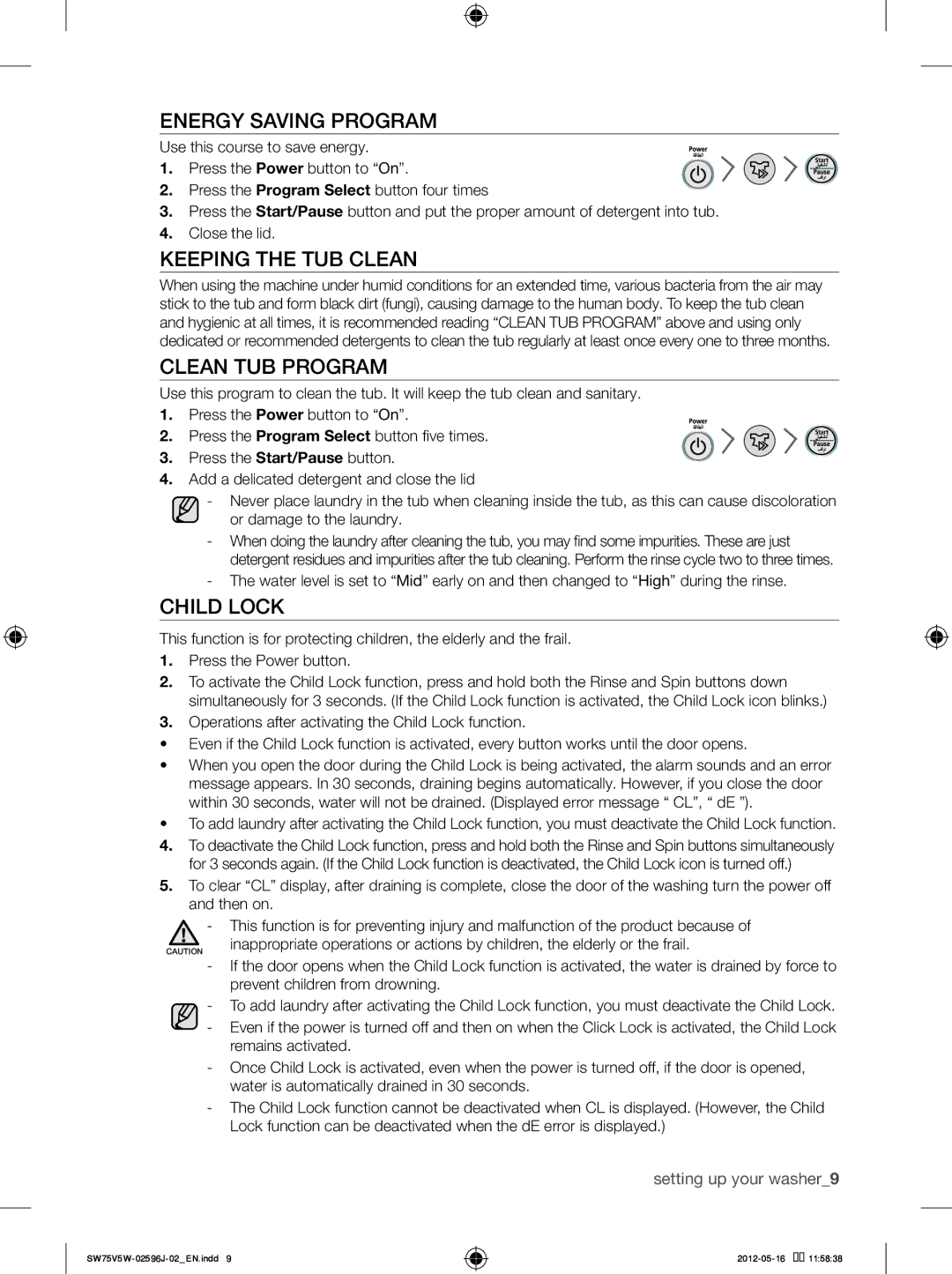 Samsung SW65V5WFP/YL, SW75V5WFP/YL manual Energy Saving Program, Keeping the TUB Clean, Clean TUB Program, Child Lock 