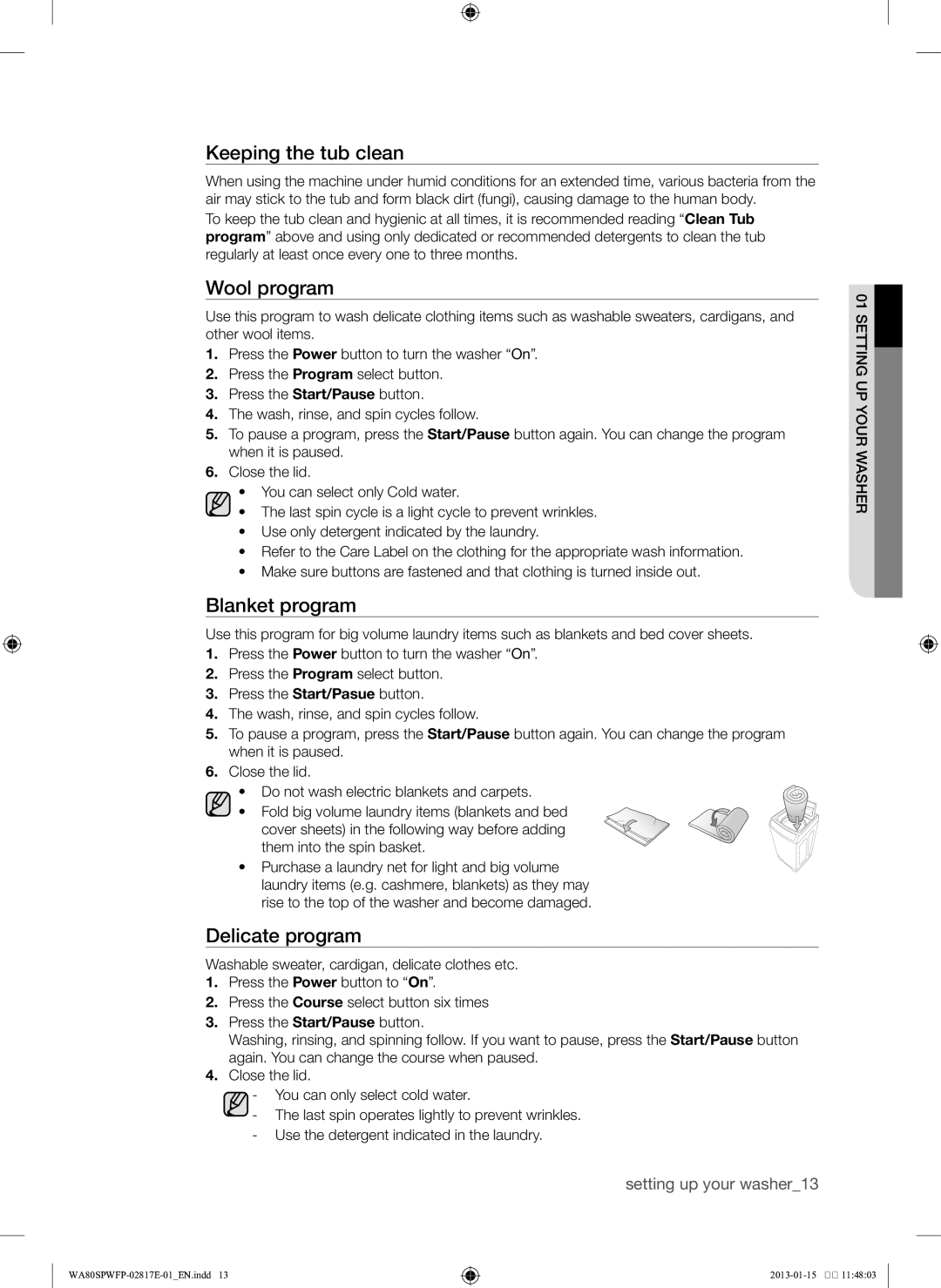 Samsung SW80SPWFP/YL manual Keeping the tub clean, Wool program, Blanket program, Delicate program 