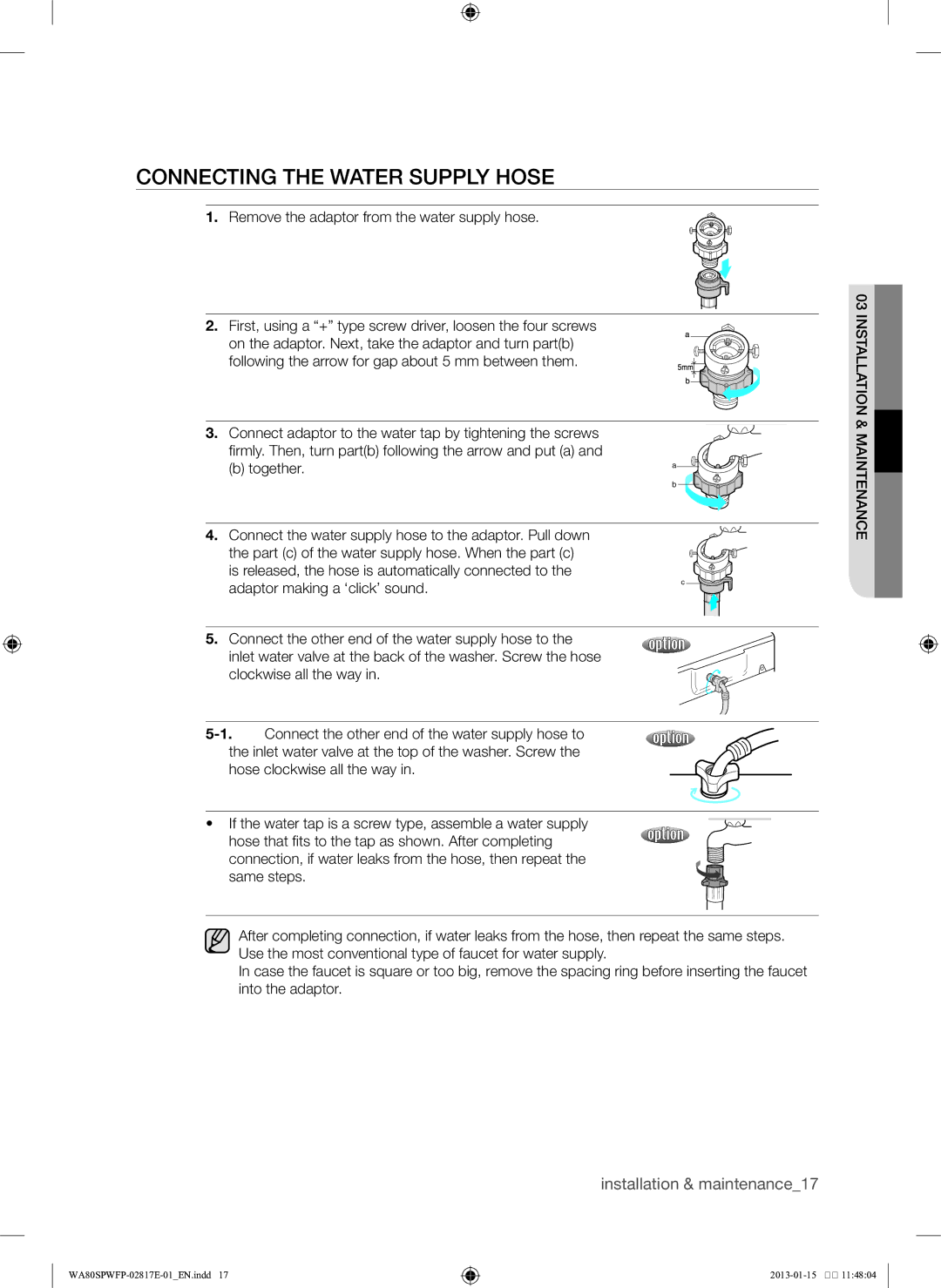 Samsung SW80SPWFP/YL manual Connecting the water supply hose 