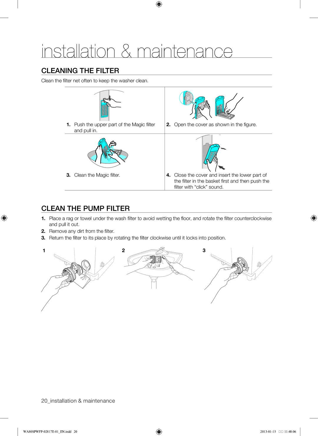 Samsung SW80SPWFP/YL manual Cleaning the filter, Clean the pump filter 