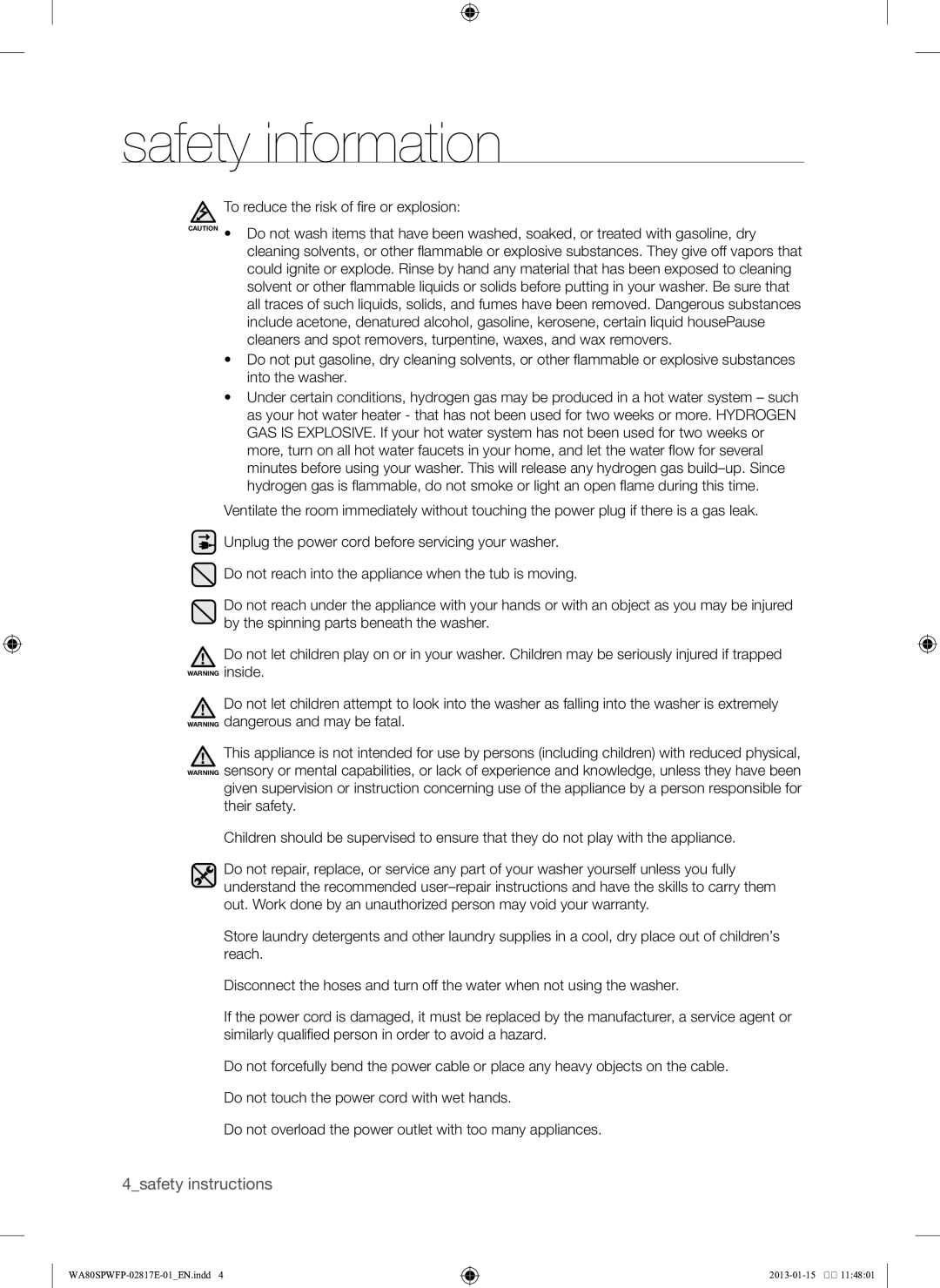 Samsung SW80SPWFP/YL manual 4safety instructions 