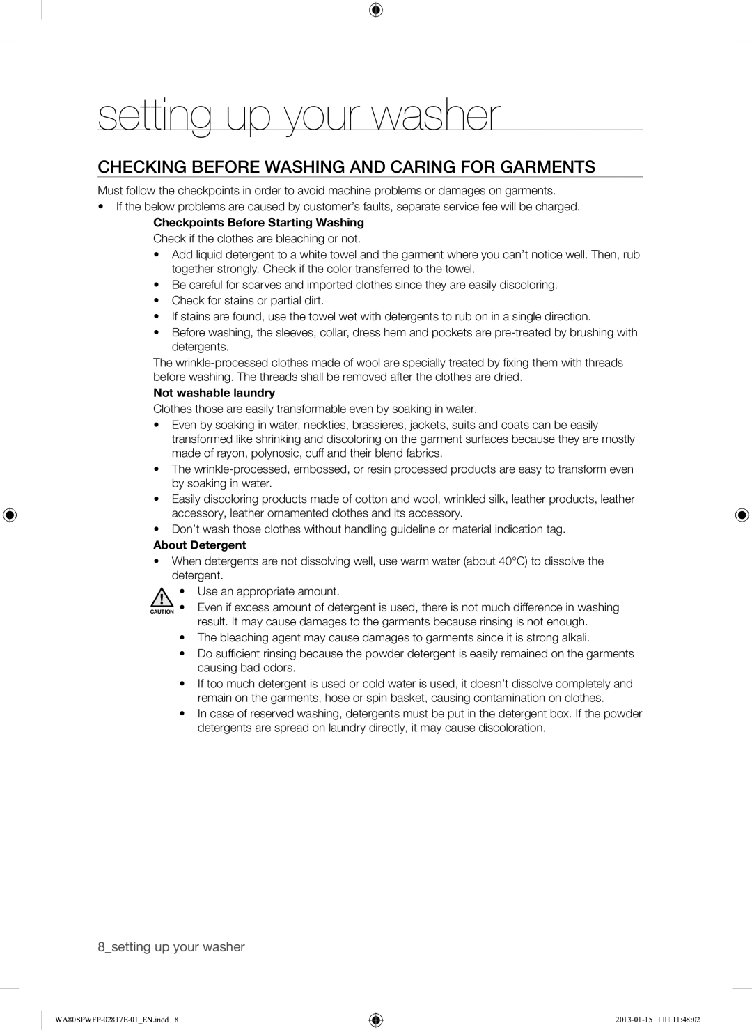 Samsung SW80SPWFP/YL manual Checking before washing and caring for garments, Not washable laundry, About Detergent 