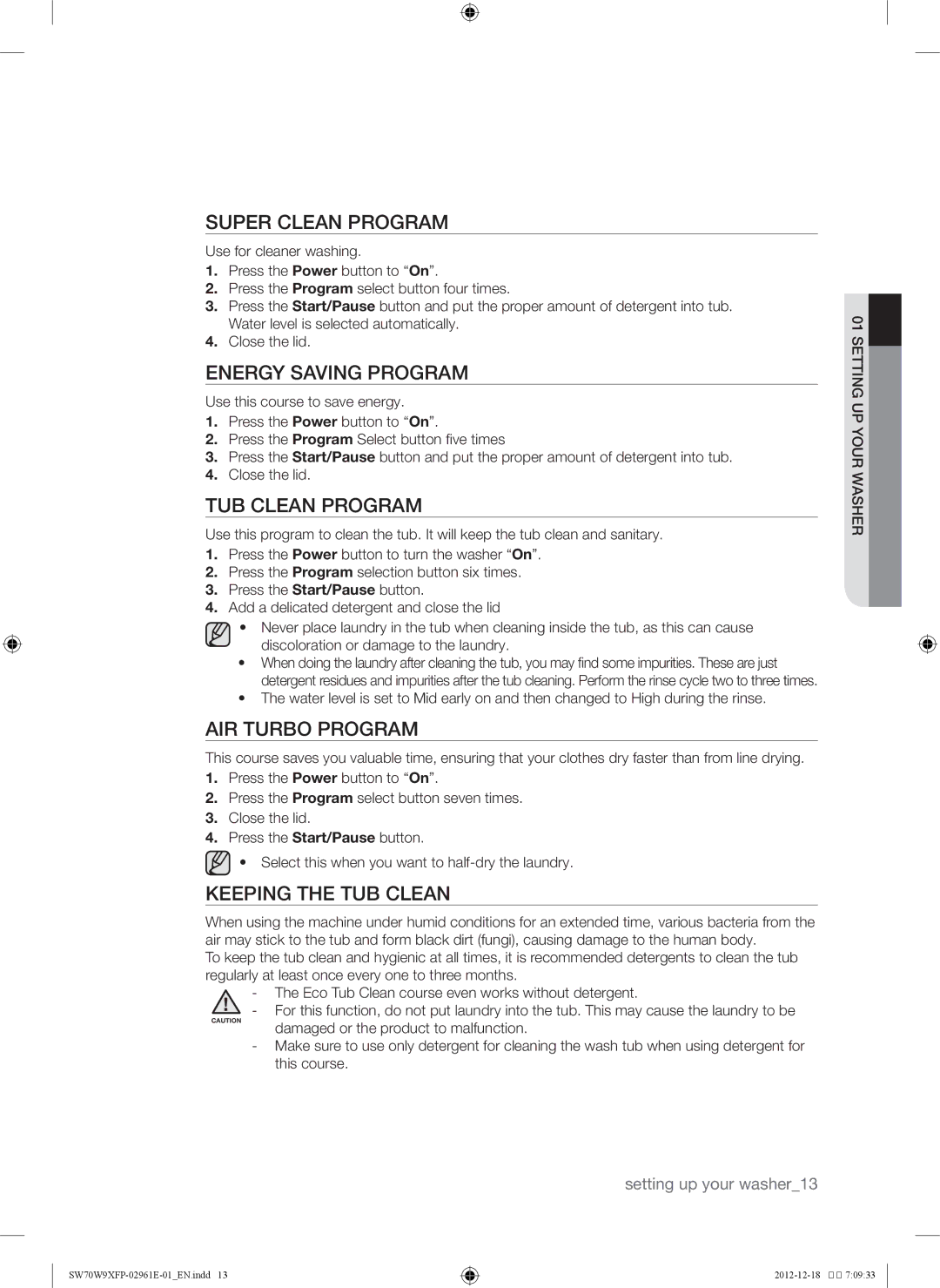 Samsung SW70W9XFP/YL, SW80W9XFP/YL, WA12W9XIP/XSG, WA15W9XIP/XSG, WA15W9QEP/YAS manual Tub clean Program, Air Turbo Program 