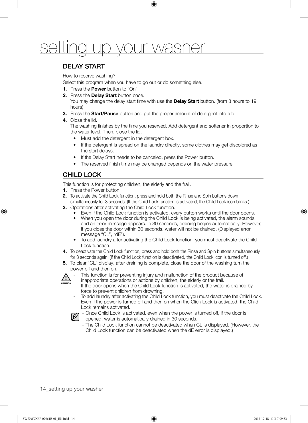 Samsung SW70G9WFP/YL, SW80W9XFP/YL, WA12W9XIP/XSG, WA15W9XIP/XSG, WA15W9QEP/YAS, SW80G9WFP/YL manual Delay Start, Child Lock 