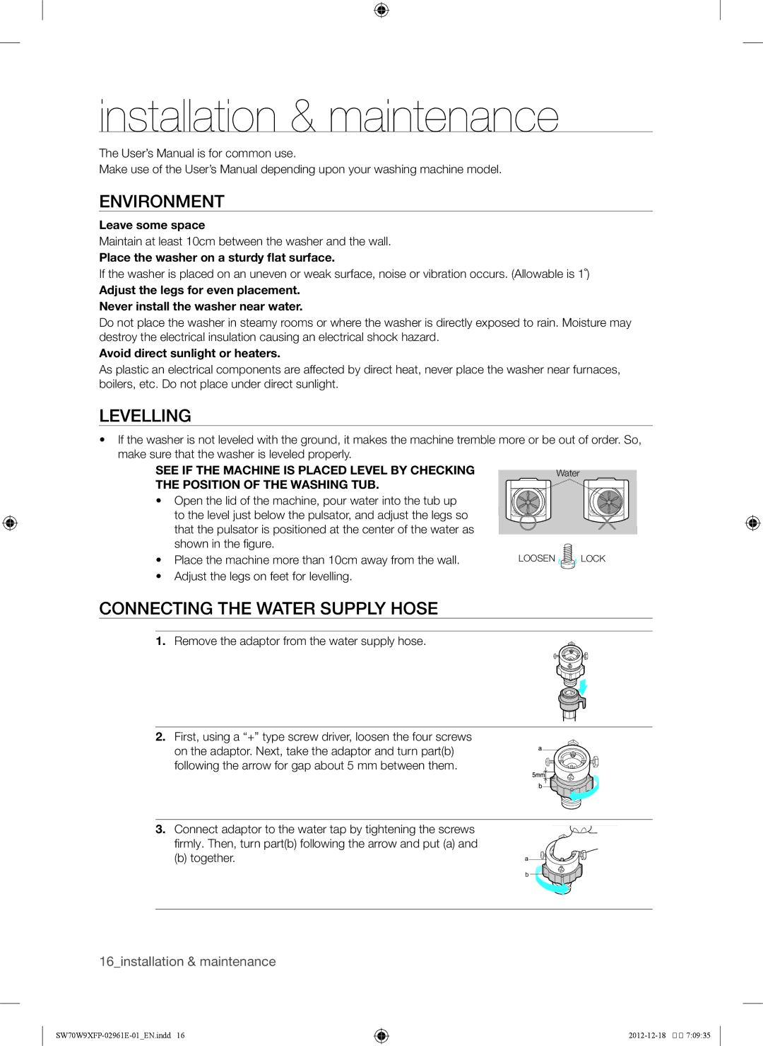 Samsung SW80W9XFP/YL, WA12W9XIP/XSG Installation & maintenance, Environment, Levelling, Connecting the water supply hose 