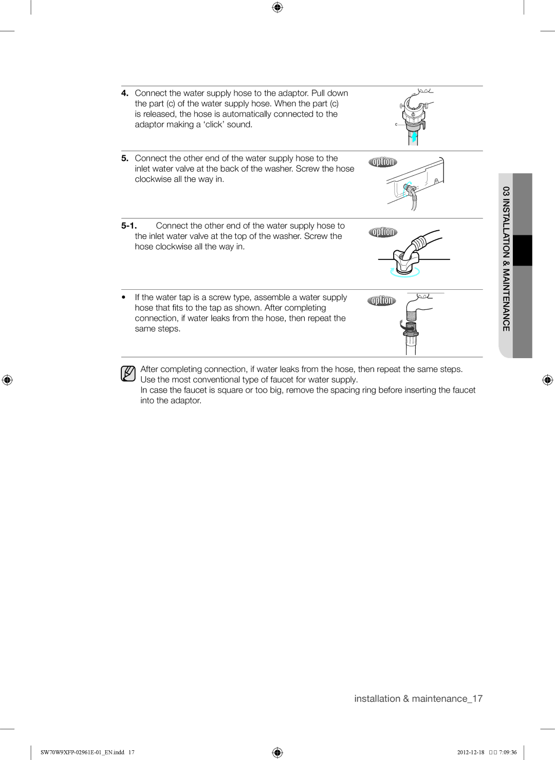 Samsung WA12W9XIP/XSG, SW80W9XFP/YL, WA15W9XIP/XSG, WA15W9QEP/YAS, SW80G9WFP/YL, SW70W9XFP/YL Installation & maintenance17 