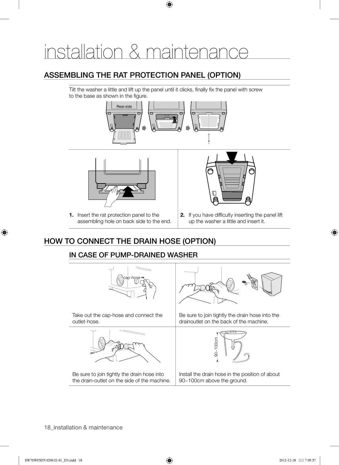 Samsung WA15W9XIP/XSG, SW80W9XFP/YL manual Assembling the rat protection panel option, How to connect the drain hose option 