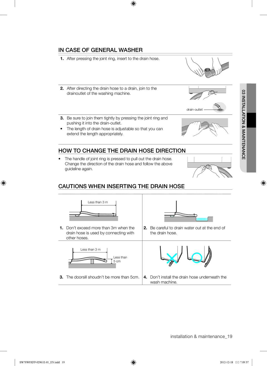 Samsung WA15W9QEP/YAS, SW80W9XFP/YL, WA12W9XIP/XSG manual Case of General Washer, How to change the drain hose direction 