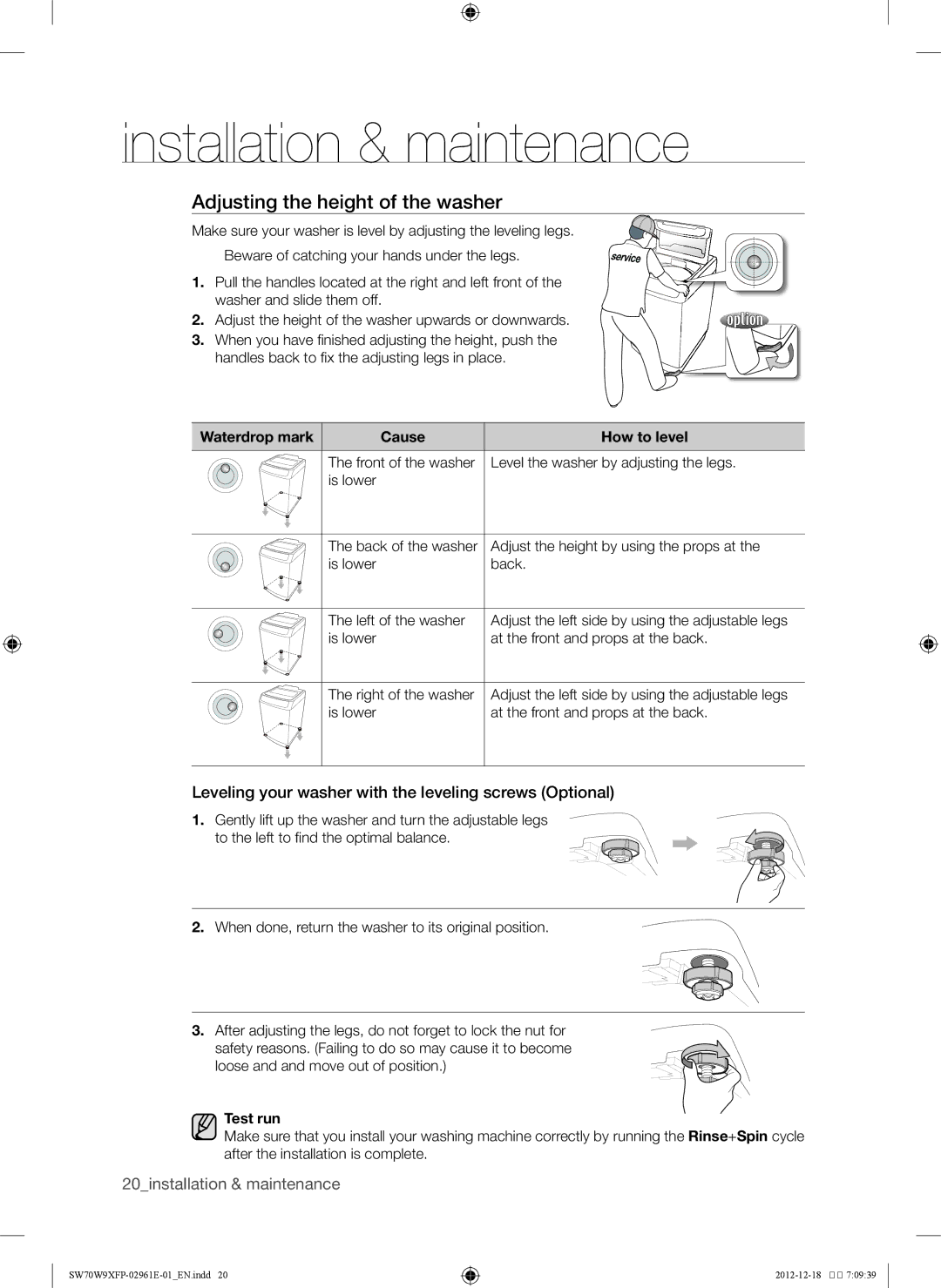 Samsung SW80G9WFP/YL, SW80W9XFP/YL manual Adjusting the height of the washer, Waterdrop mark Cause How to level, Test run 