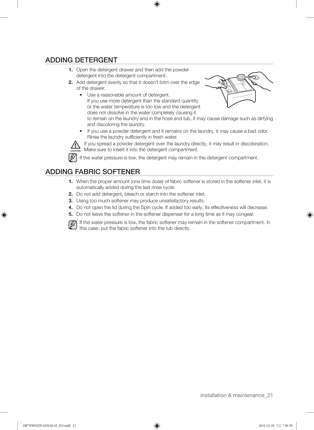 Samsung SW70W9XFP/YL, SW80W9XFP/YL, WA12W9XIP/XSG, WA15W9XIP/XSG, WA15W9QEP/YAS manual Adding detergent, Adding fabric softener 