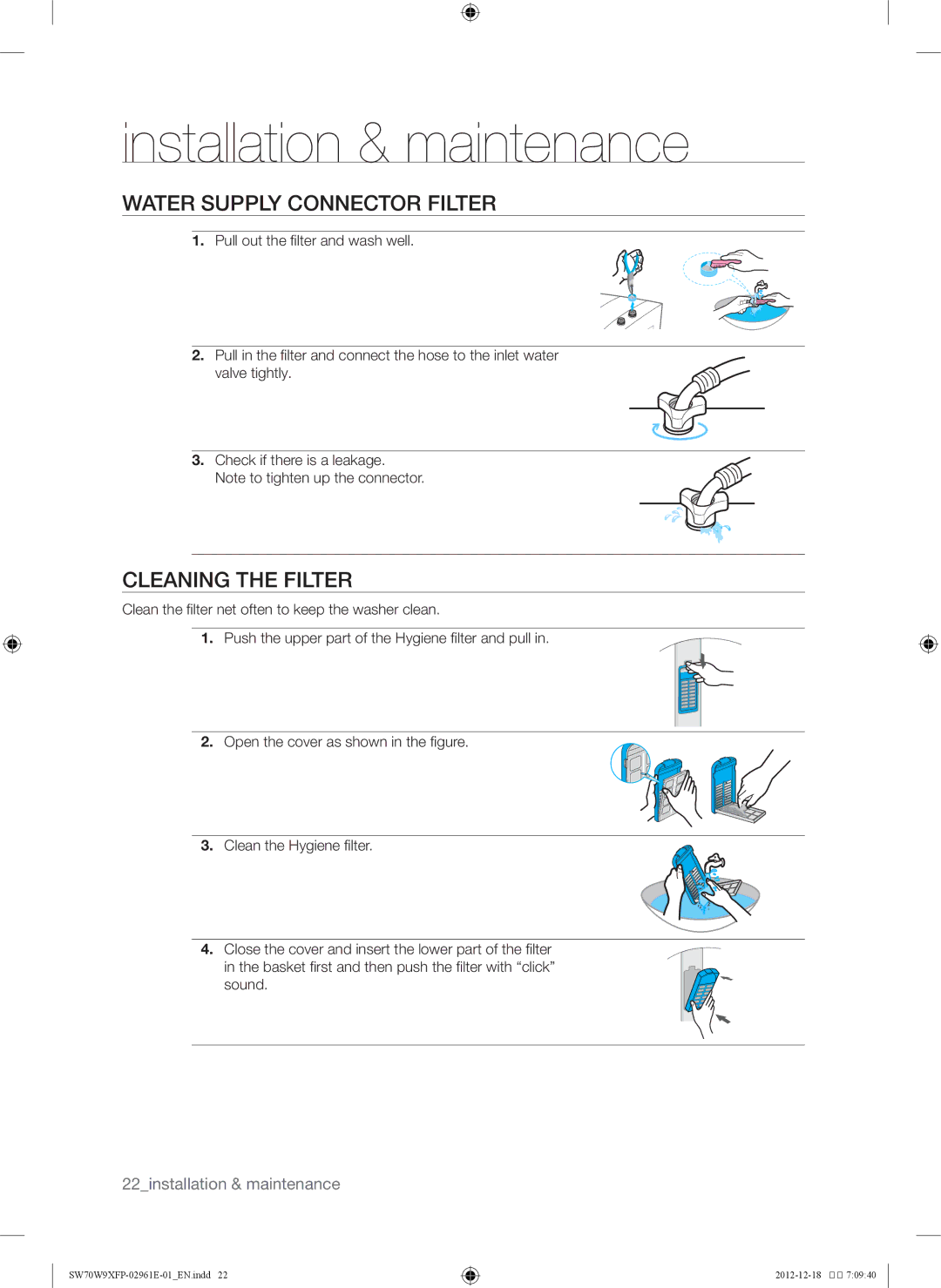 Samsung SW70G9WFP/YL, SW80W9XFP/YL, WA12W9XIP/XSG, WA15W9XIP/XSG manual Water supply connector filter, Cleaning the filter 