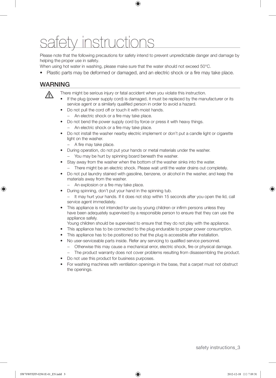 Samsung WA15W9QEP/YAS, SW80W9XFP/YL, WA12W9XIP/XSG, WA15W9XIP/XSG, SW80G9WFP/YL, SW70W9XFP/YL, SW70G9WFP/YL Safety instructions 