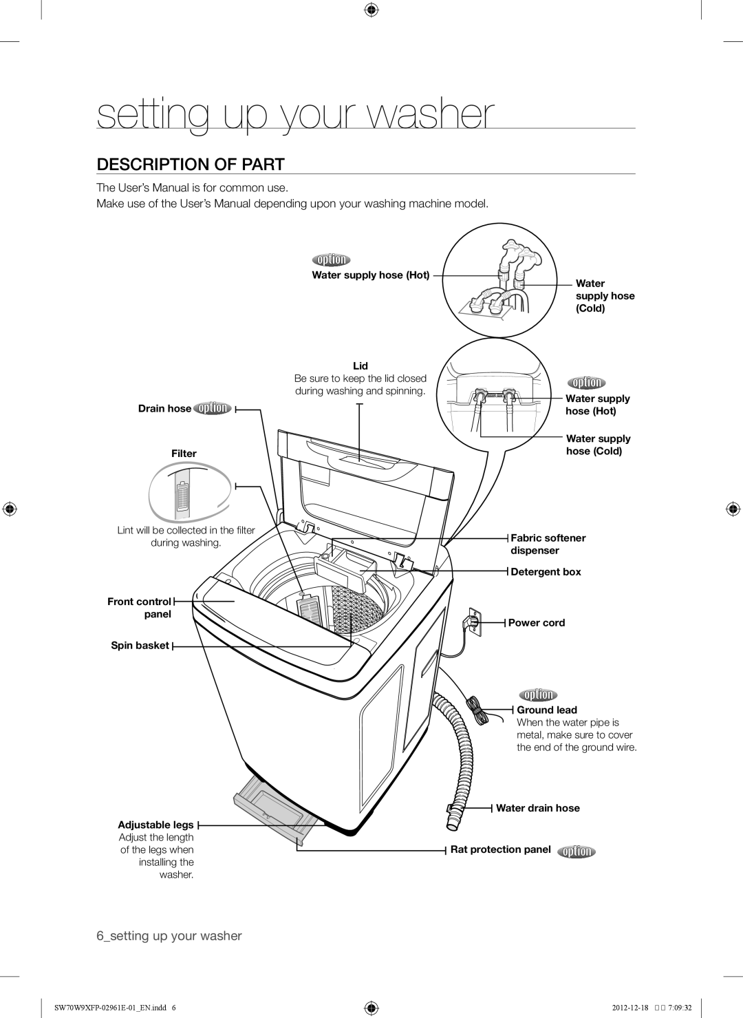 Samsung SW70G9WFP/YL, SW80W9XFP/YL, WA12W9XIP/XSG, WA15W9XIP/XSG, WA15W9QEP/YAS Setting up your washer, Description of part 