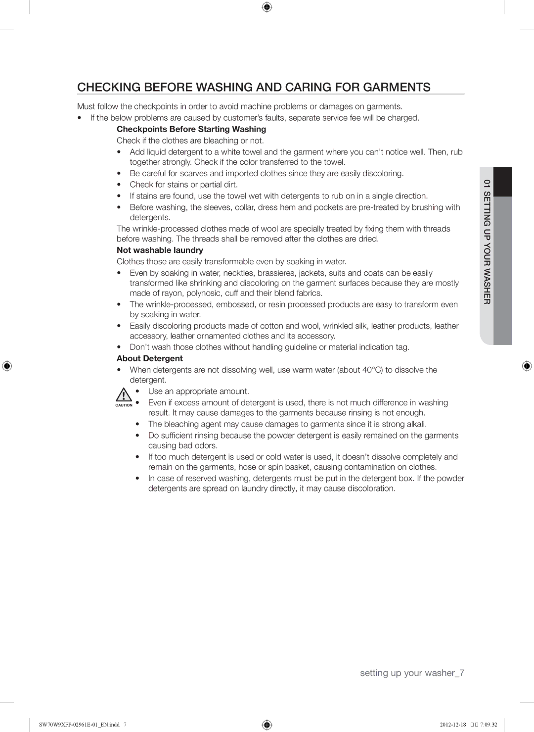 Samsung WA12W9QEP/YAS, SW80W9XFP/YL Checking before washing and caring for garments, Not washable laundry, About Detergent 
