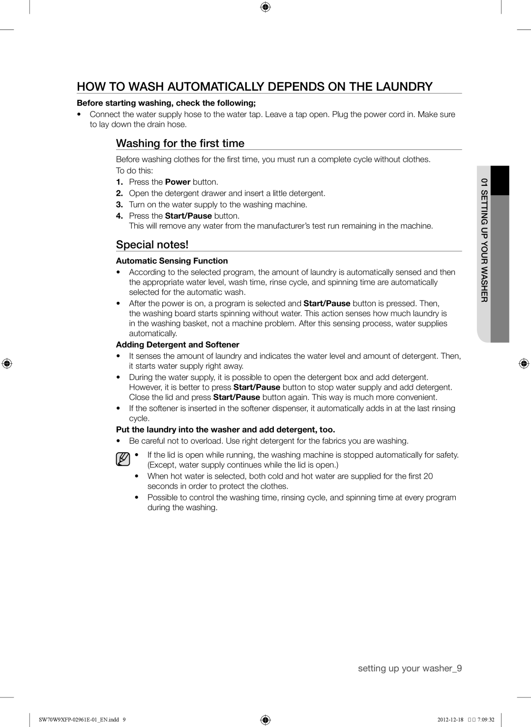 Samsung WA12W9XIP/XSG manual How to wash automatically depends on the laundry, Washing for the first time, Special notes 