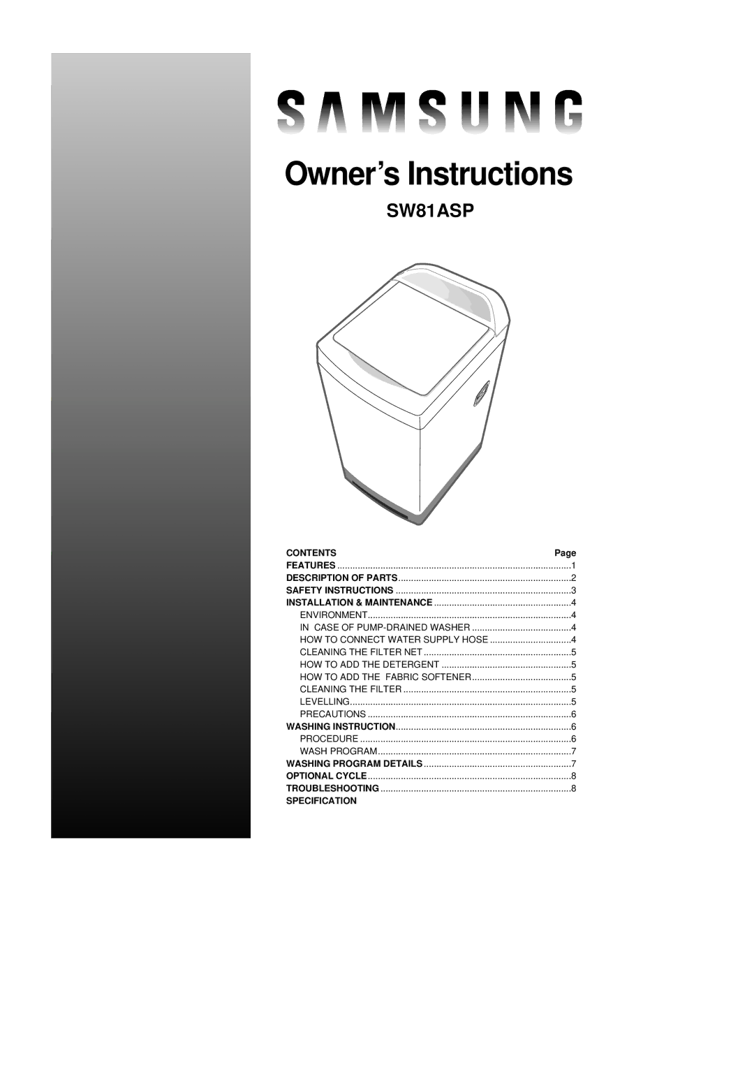 Samsung SW81ASP manual Owner’s Instructions 