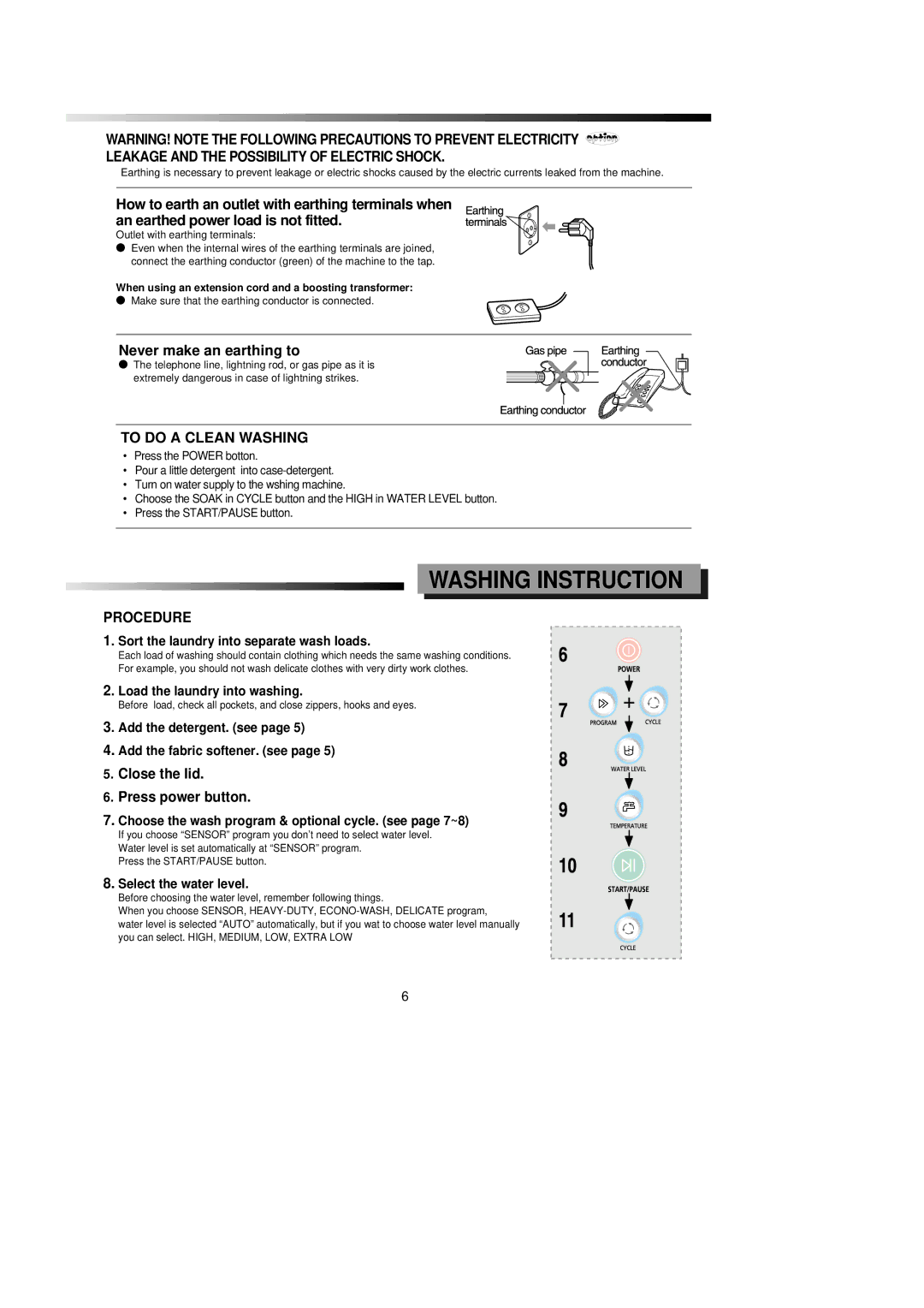 Samsung SW81ASP manual Washing Instruction, Never make an earthing to, To do a Clean Washing, Procedure 