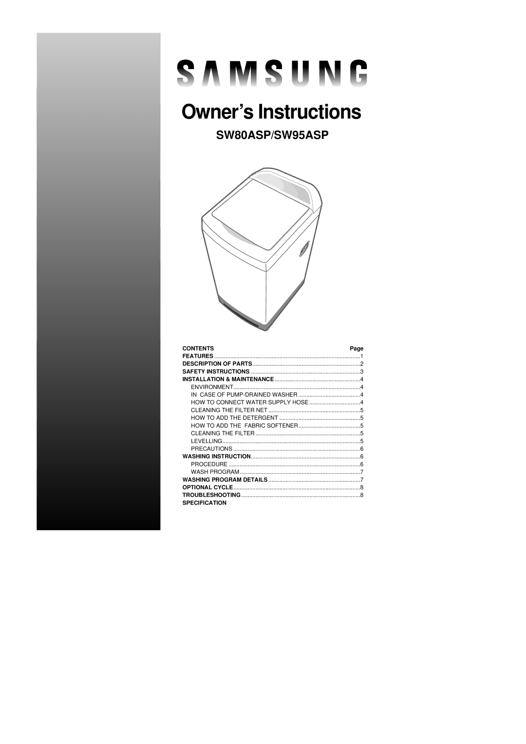 Samsung SW80ASP, SW95ASP manual Owner’s Instructions 