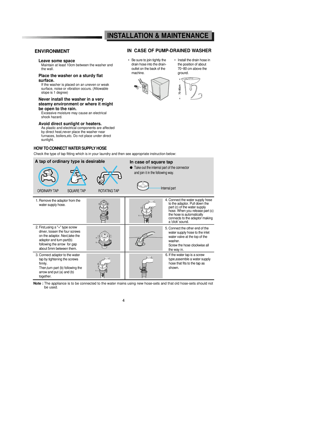 Samsung SW80ASP, SW95ASP manual Installation & Maintenance, HOW to Connect Water Supply Hose 